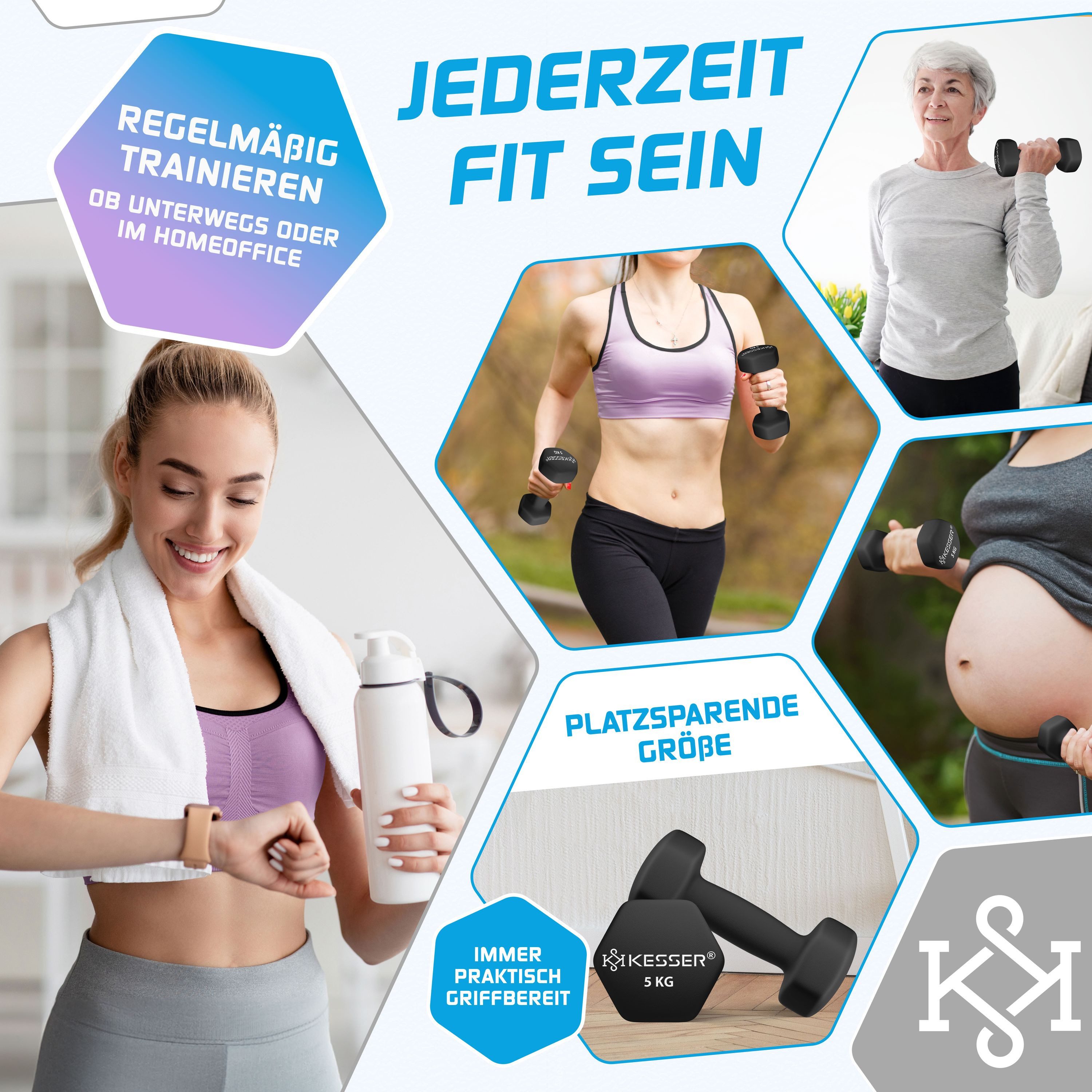 KESSER Hantel-Set, (2 x 5 kg), Kurzhantel Gymnastikhanteln 2er Set mit Übungsheft, 2x Fitnessbänder