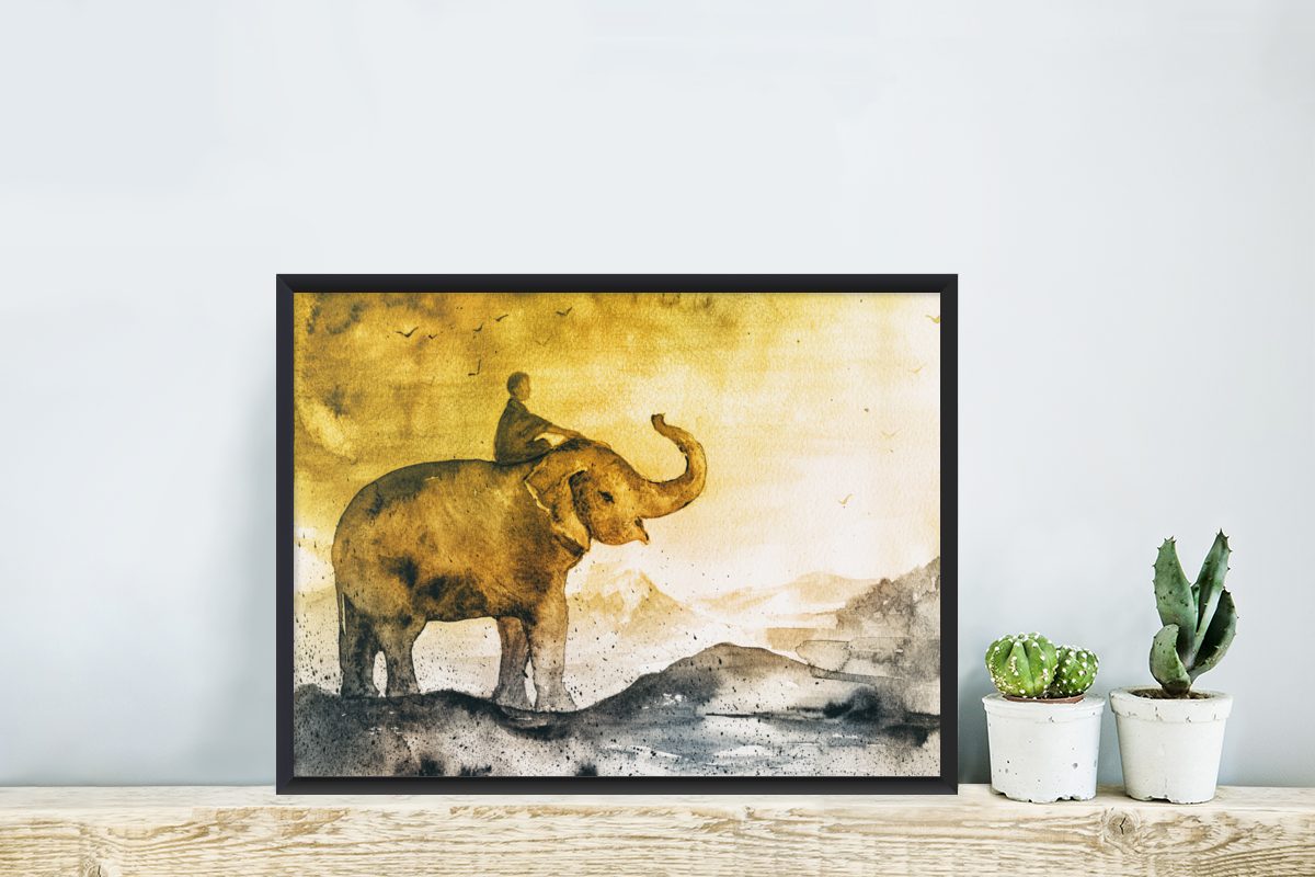 Berg Aquarell, Wandposter, - St), Bilder, (1 - MuchoWow Wanddeko, Schwarzem Gerahmtes Kind - Poster, Bilderrahmen Poster Elefant