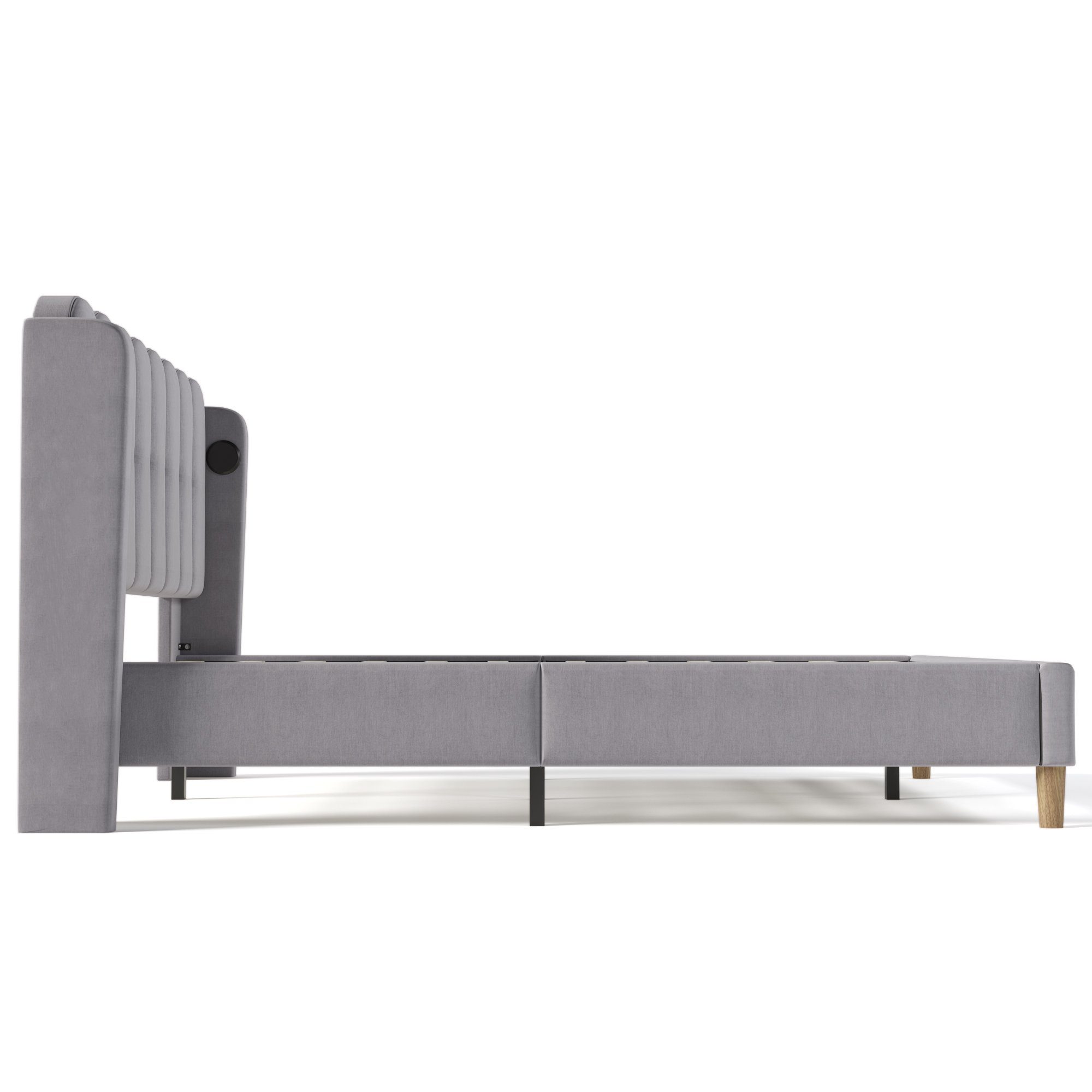 Flieks Polsterbett, Holzbett Doppelbett mit USB/Typ-C Ladeanschlüsse 140x200cm grau Leinen