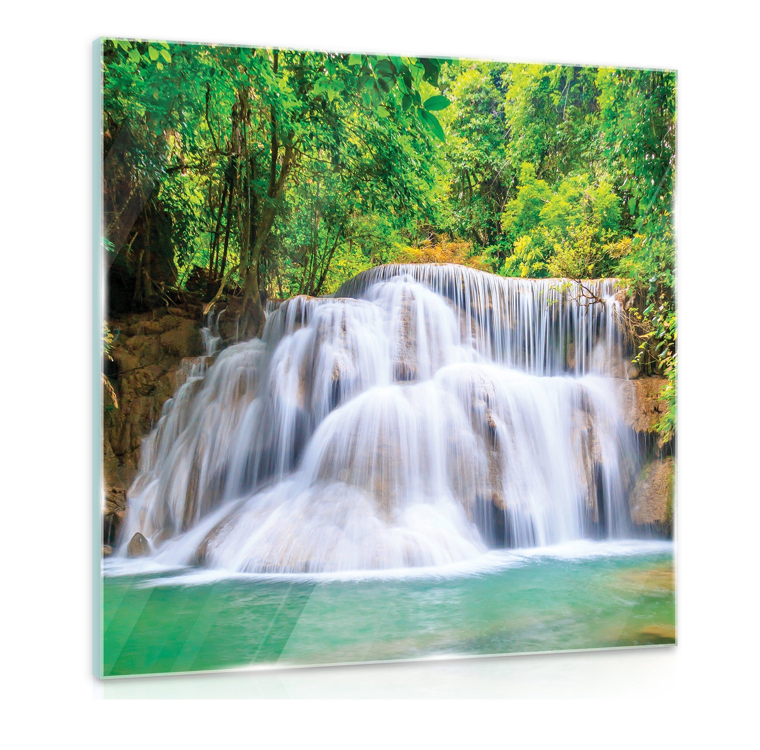 (Einteilig), Modern Wasserfall Auf Natur, Glasbilder Bild Premium Schlafzimmer Wohnzimmer Glasbilder Wald Glasbild Wallarena Wandbilder, Badezimmer, Glas