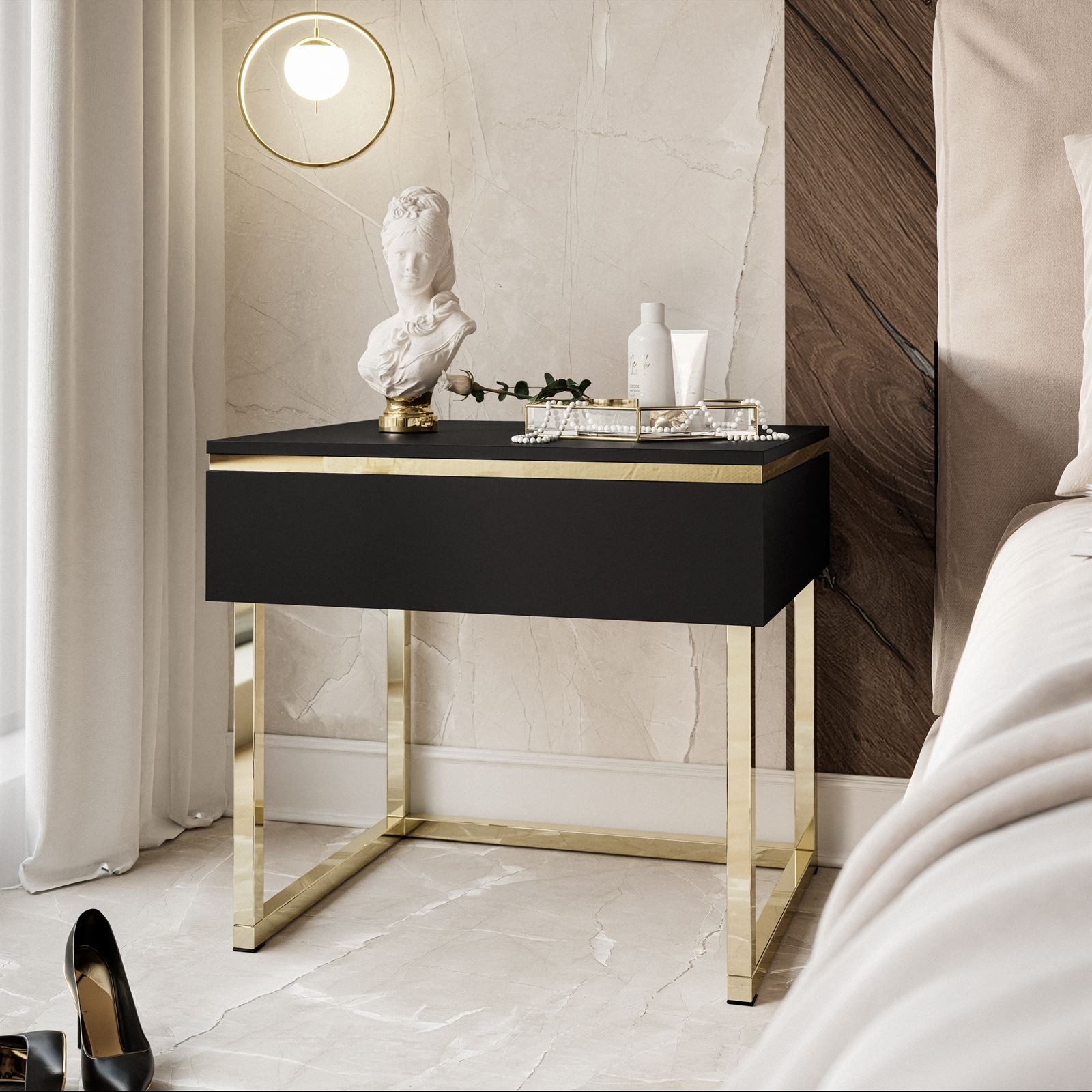 Lookway Nachttisch AURORA Schwarz Matt mit goldenem Gestell (1x Nachttisch), Breite: 48 cm