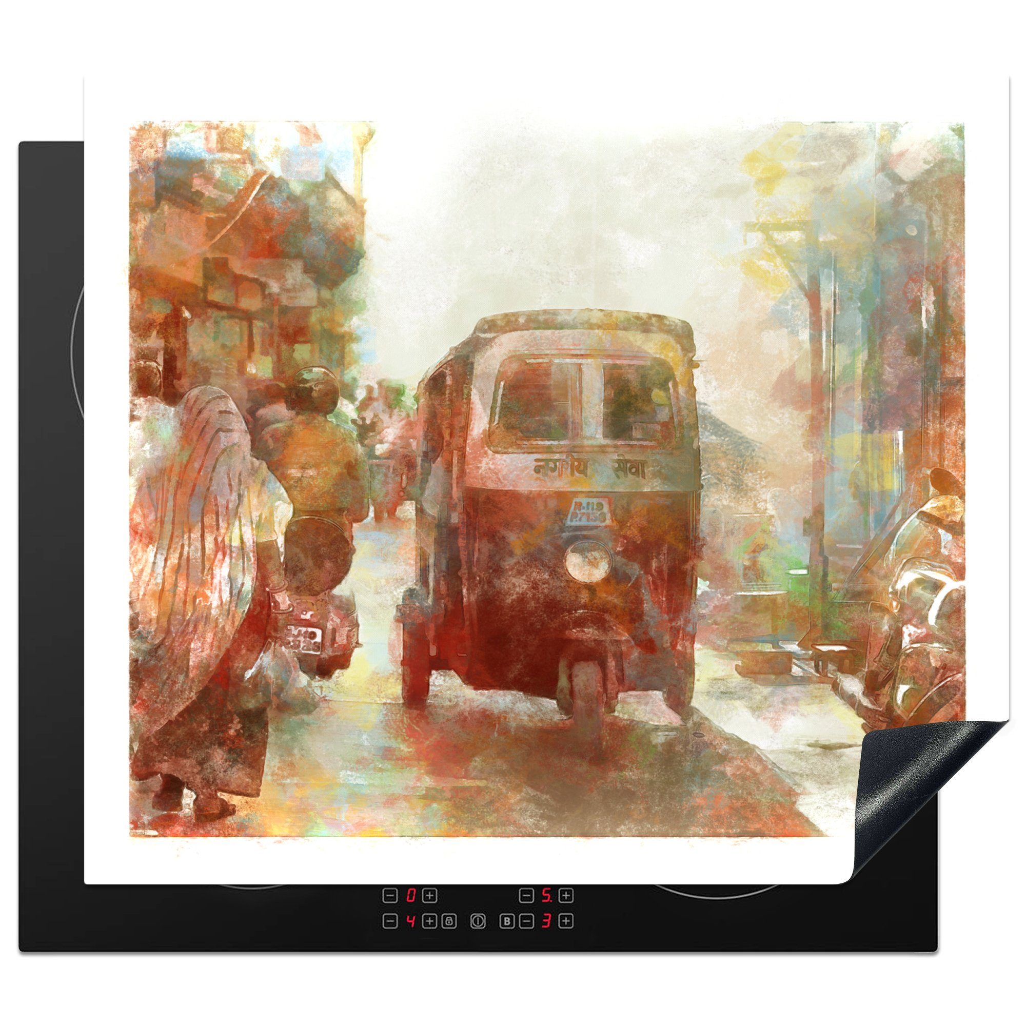 MuchoWow Herdblende-/Abdeckplatte Eine künstlerische Illustration eines Tuktuks in Jodhpur, Indien, Vinyl, (1 tlg), 57x51 cm, Induktionsschutz, Induktionskochfeld, Ceranfeldabdeckung