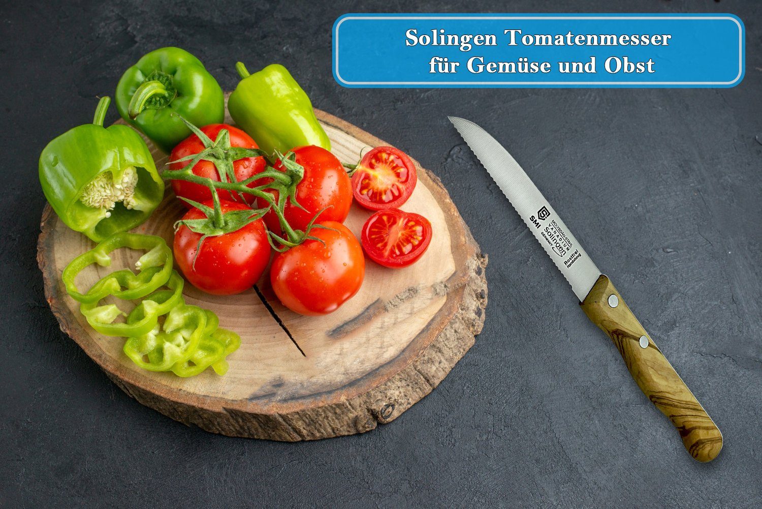 Obstmesser Wellenschliff 2-tlg Gemüsemesser Tomatenmesser SMI Olivenholz Solingen