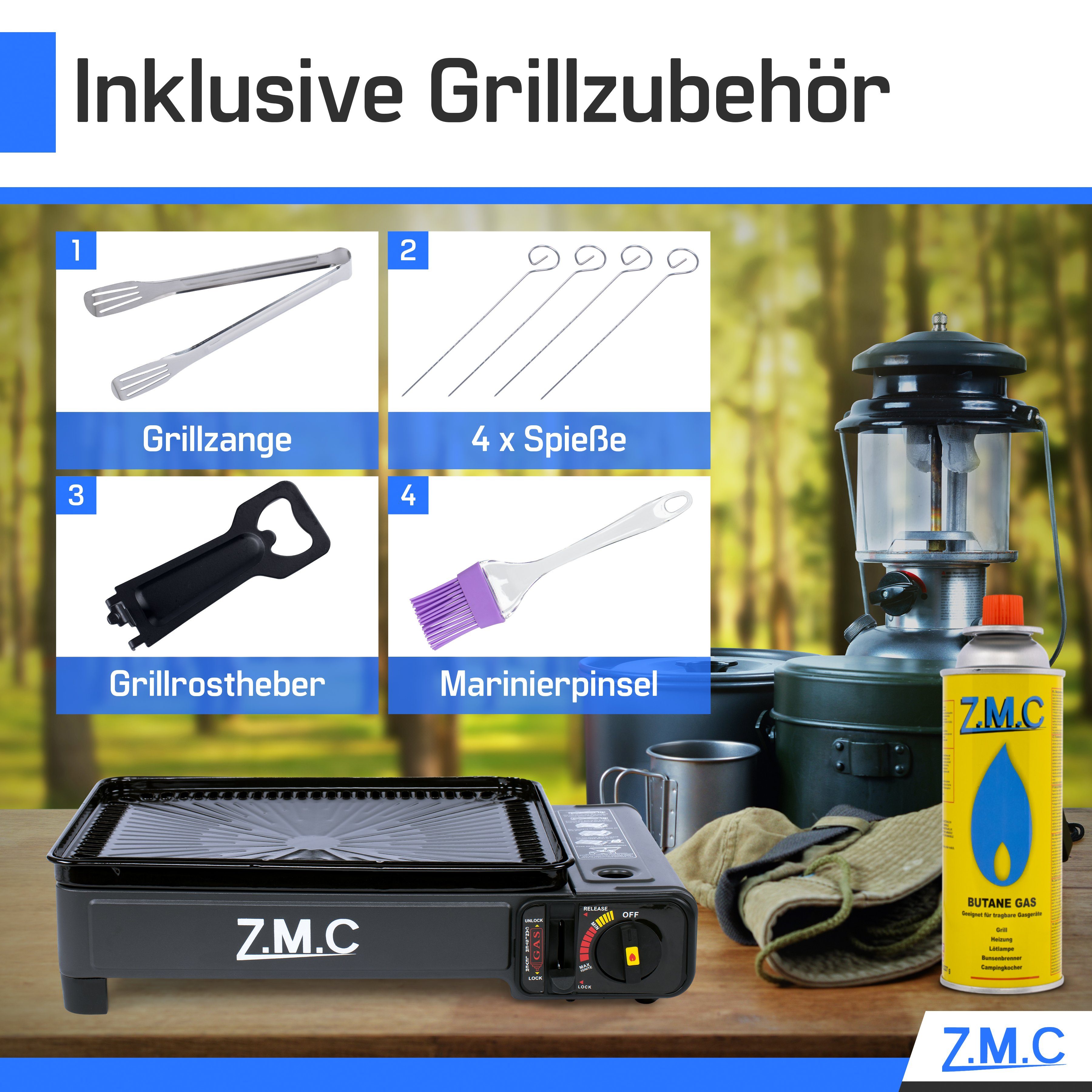 ZMC Gaskocher 2-in-1 Gaskocher + Gasgrill, Campingkocher mit 4x Gaskartuschen 227g, (mit Grillplatte + Grillrost, stufenlos regulierbar, Tischgrill), mit Tragekoffer, 3,8kg, Piezo-Zündung Wärmeleistung: 2,2KW