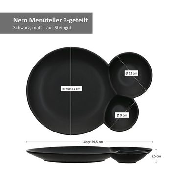 MamboCat Servierplatte 2x Servierteller Nero schwarz 3 geteilt Menüteller Speise-Teller, Steingut