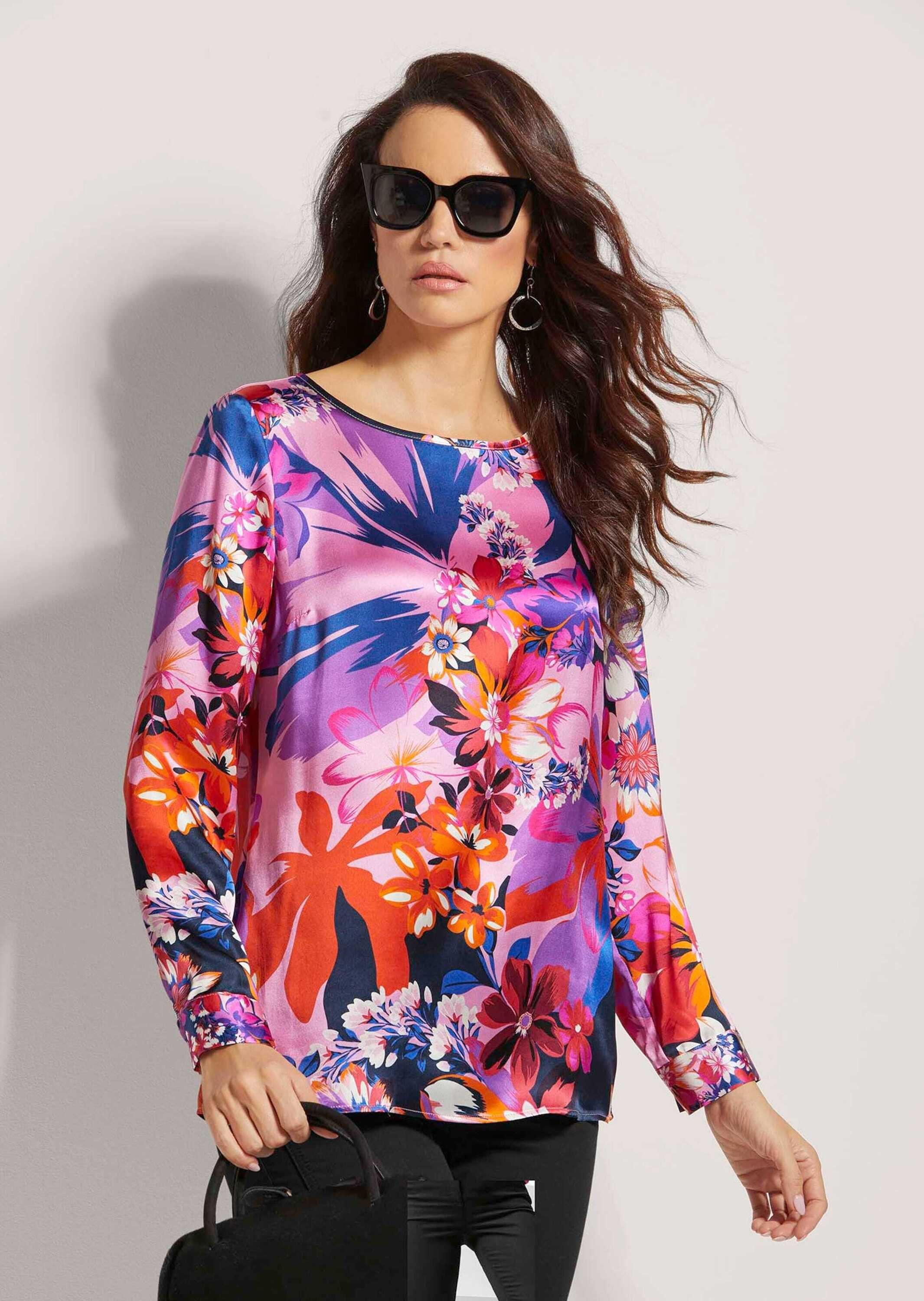 MADELEINE Langarmbluse Elegante Seidenbluse mit floralem Print Florales Design und U-Boot-Ausschnitt setzen Akzente