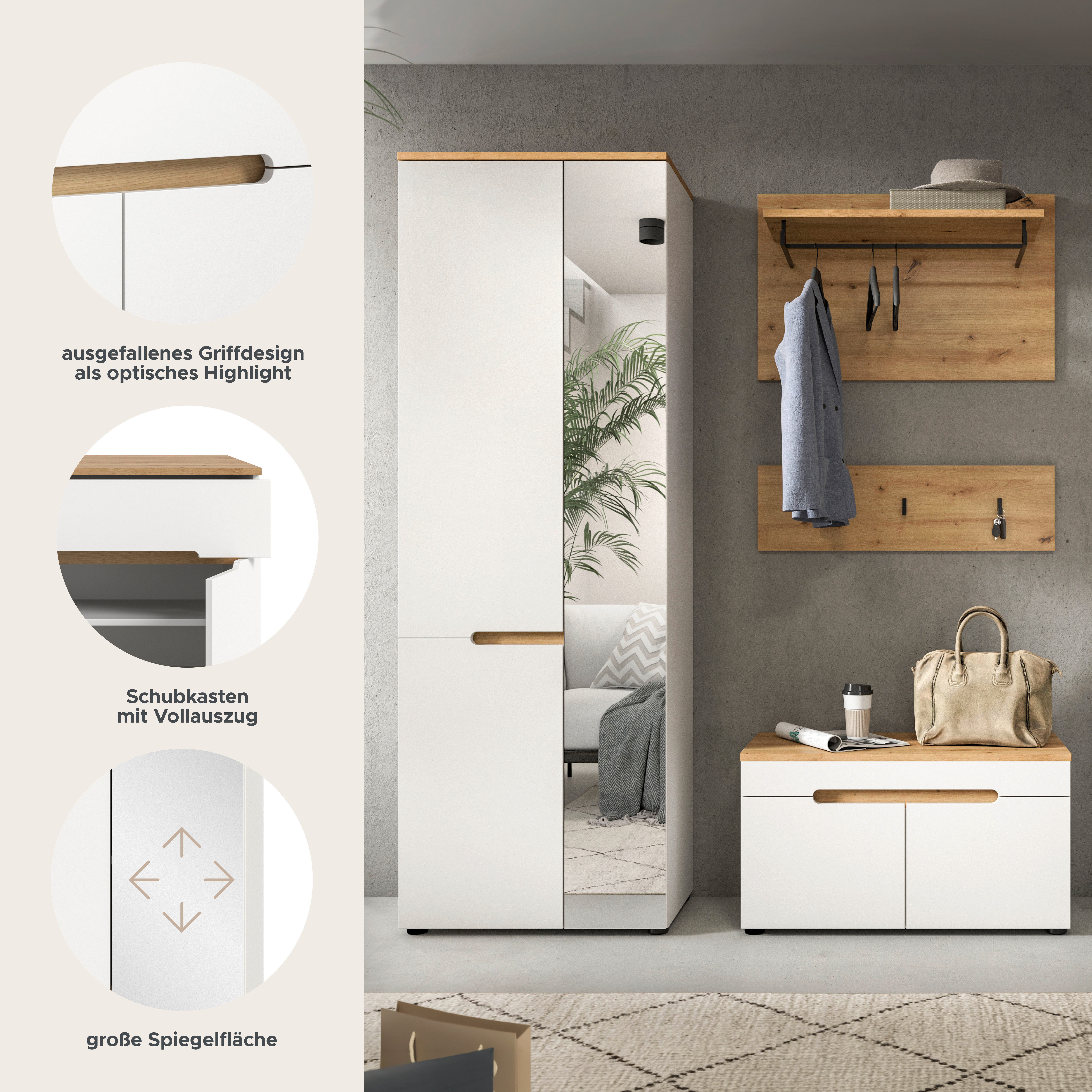Home affaire Garderoben-Set REHAT, TOPSELLER!, 4-teilig, Breite 160cm, individuell stellbar, (Set, 3-St., bestehend aus: Garderobenschrank, Sitzbank, Paneel, Hakenleiste), Garderobenkombination, Kombination, Set, Flurgarderobe, Diele