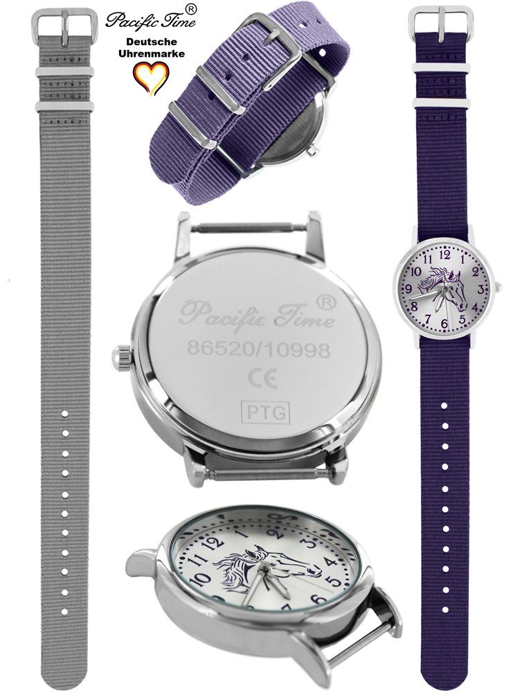 Gratis und Wechselarmband, grau und Pferd Pacific Design Quarzuhr Time Match - Kinder Mix Set violett Versand Armbanduhr violett