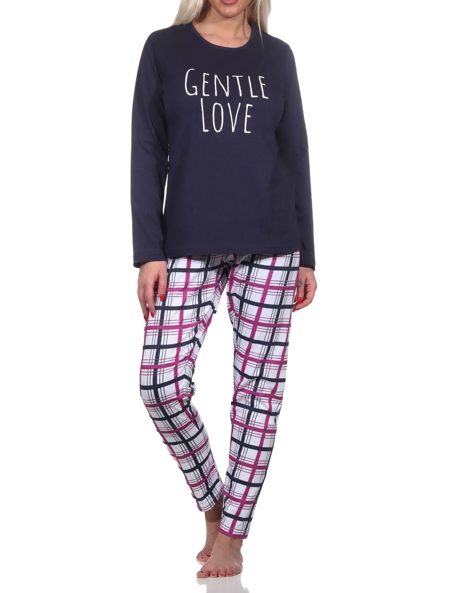 Pyjama Normann Damen langarm Schlafanzug mit Jersey Hose in Karo Optik