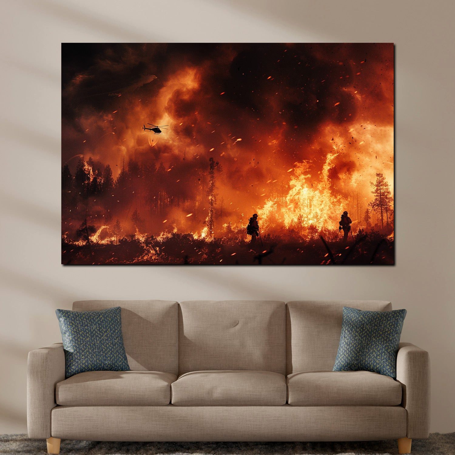 Artedinoi Leinwandbild Feuerwehr Waldbrand Hubschrauber Einsatz Leinwandbild Wandbild Kunstdr, Feuerwehrmänner im Flammeninferno