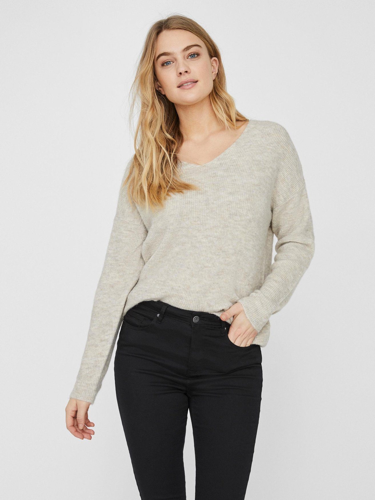 Vero Moda Strickpullover Strickpullover V-Ausschnitt Langarm Sweater VMCREWLEFILE 6112 in Beige