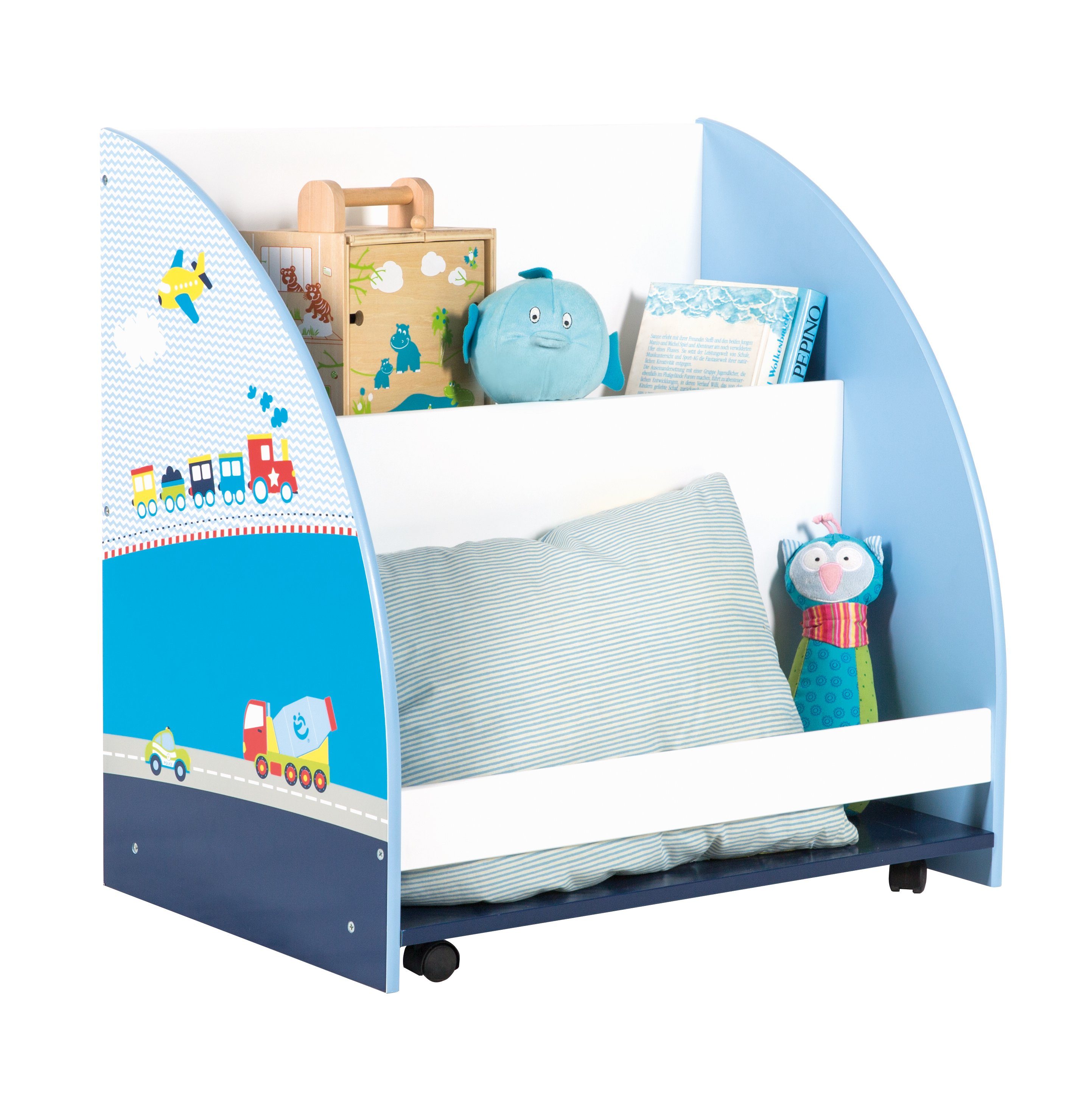 roba® Regal Spielzeug- & Bücherregal für Kinderzimmer, drehbar fahrbar Rollen Rennfahrer mit &