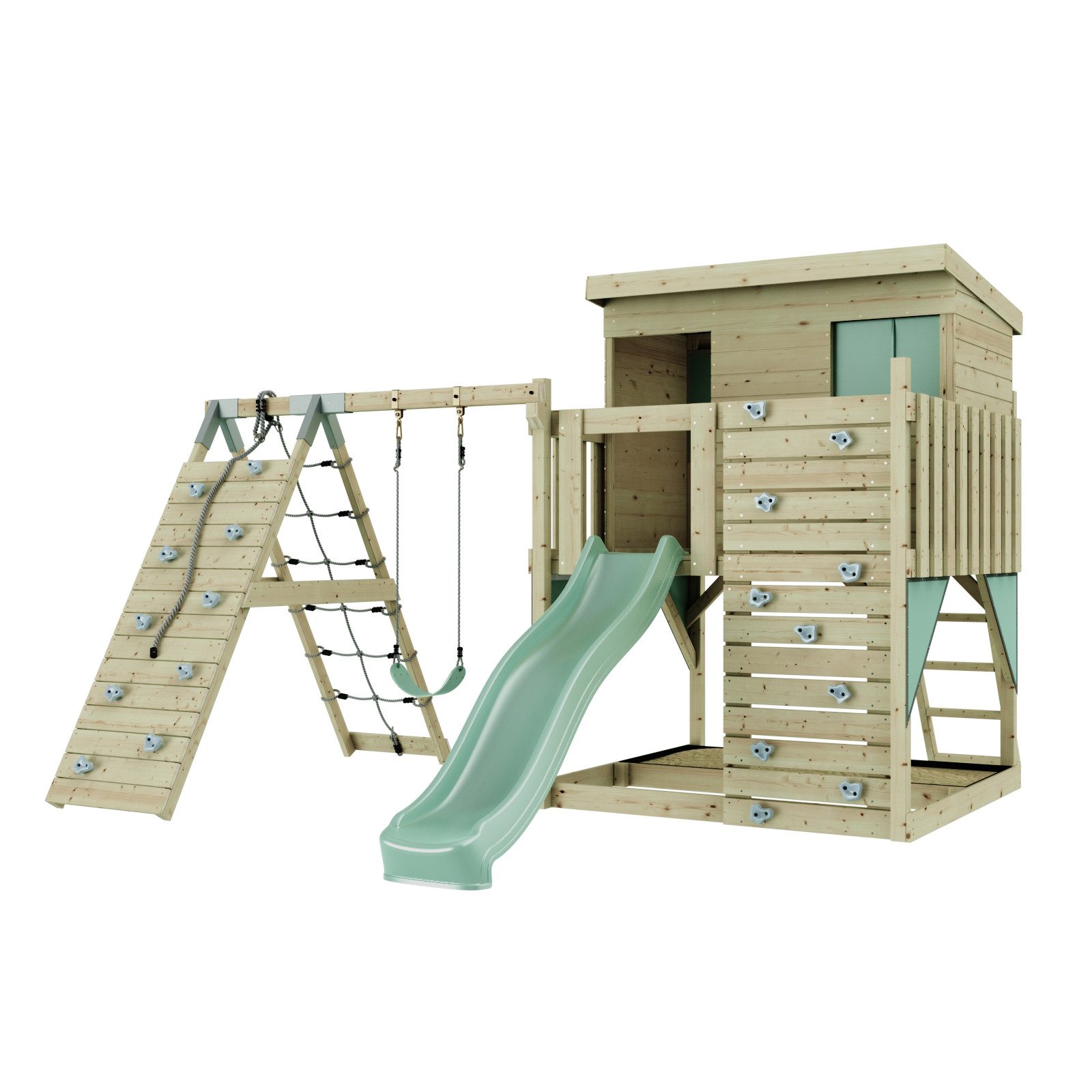 OutdoorToys Spielturm Emil aus Holz in Mintgrün mit Kinderschaukel & Rutsche, Kletterwand, aus Holz in Mintgrün mit Kinderschaukel & Rutsche, Kletterwand