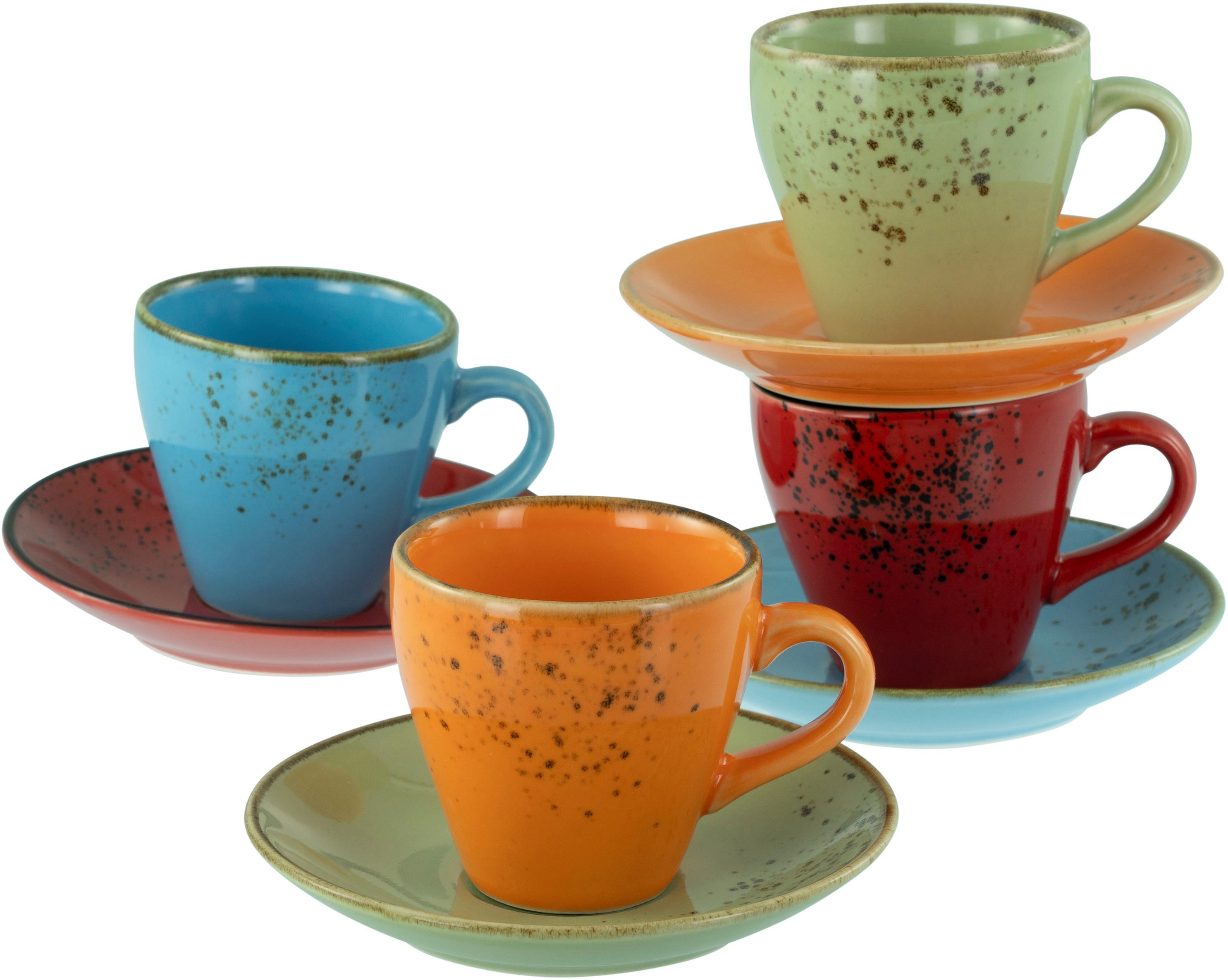 CreaTable Espressotasse Nature Collection Mediterran, Espresso-Set, 8-tlg., 8-tlg., Steinzeug, Handwerklicher Look, Vintage