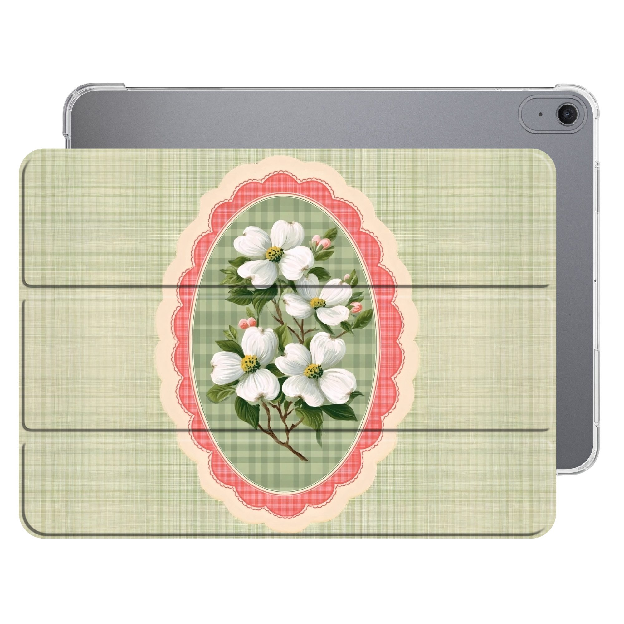 OnlyWow Tablet-Hülle Apple iPad Air (2022) Blumen - Illustration - Kariert - Grün, Klapptasche, Slim Case, mit Standfunktion, Stoßfest
