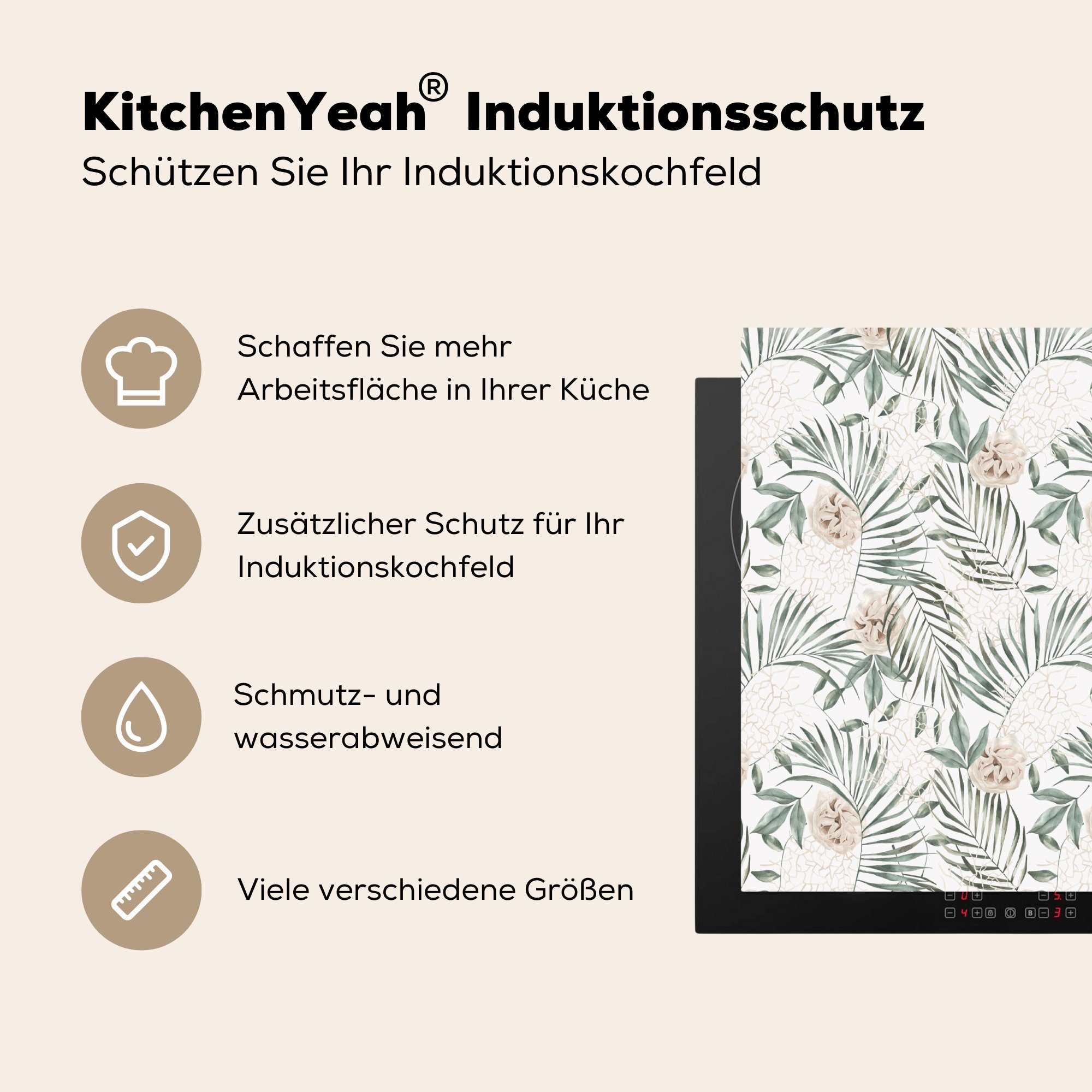 - Tropisch, - Herdblende-/Abdeckplatte Ceranfeldabdeckung cm, Induktionsschutz, (1 tlg), Palmenblatt Monstera 59x51 Vinyl, Induktionskochfeld, Dschungel MuchoWow -