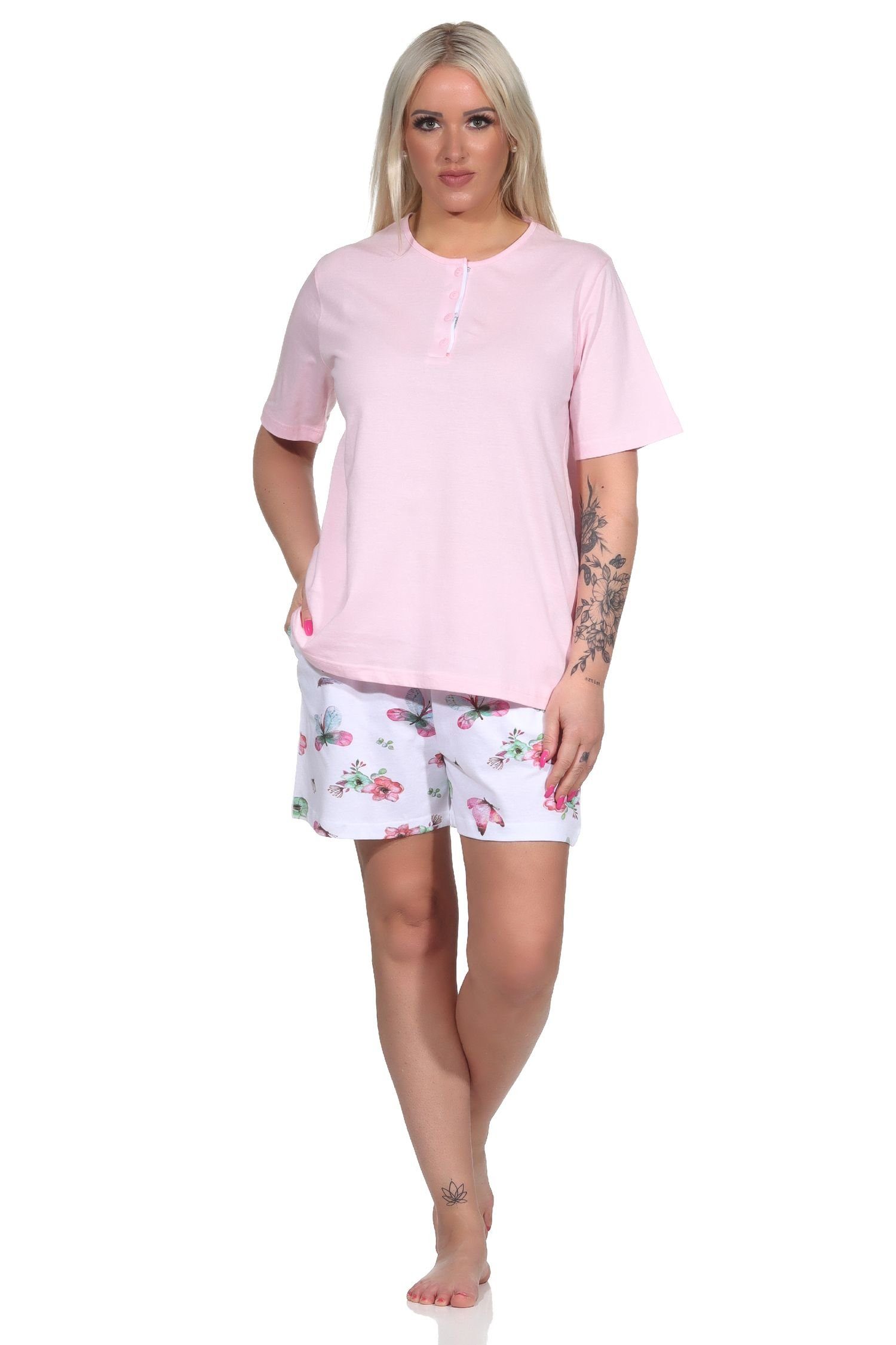 Normann Pyjama Damen Shorty Schlafanzug kurzer mit Hose Pyjama rosa kurzarm