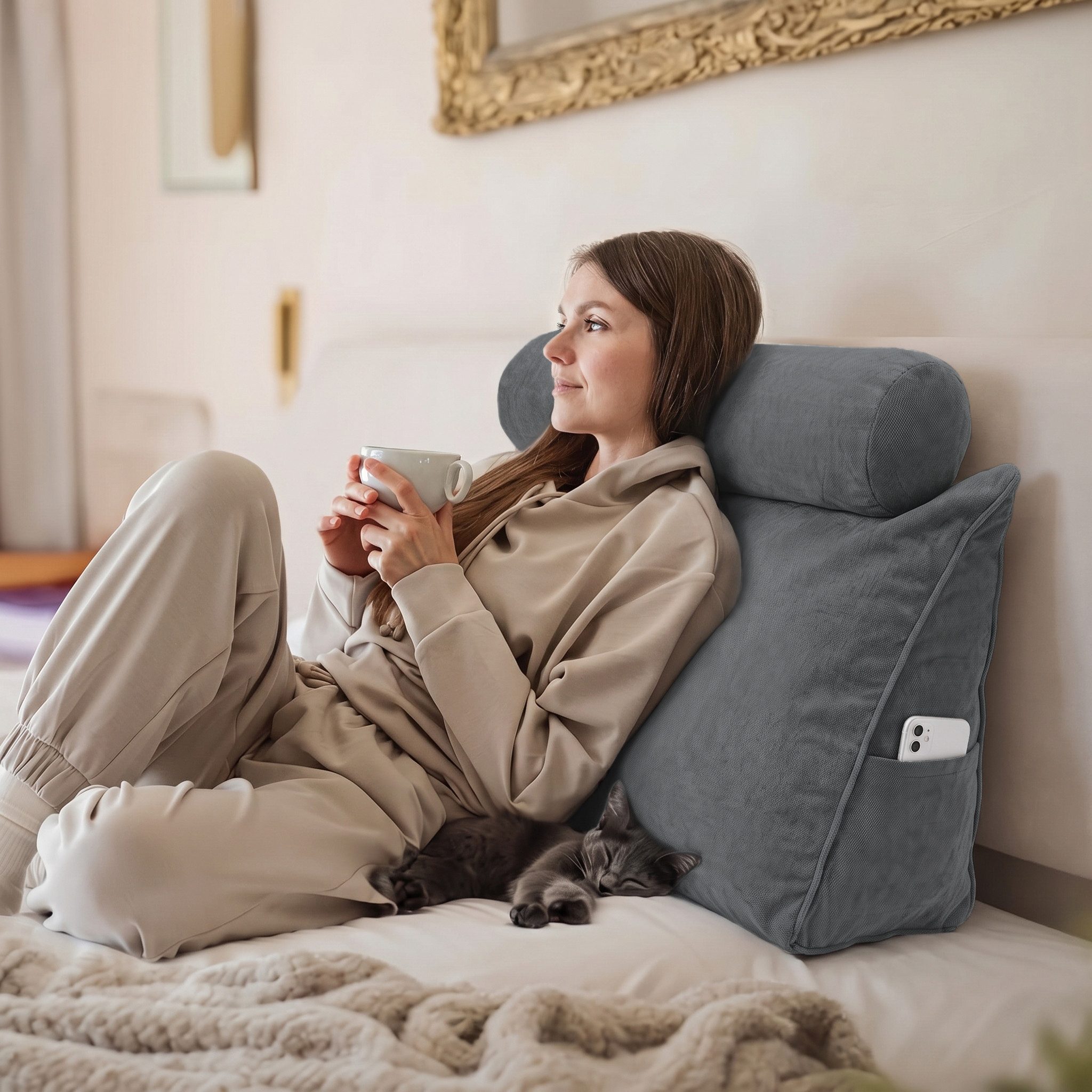 Björn&Schiller Rückenkissen Lesekissen für Bett und Sofa Keilkissen mit waschbarem Bezug, Ideal zum Anlehnen im Bett, dunkelgrau, 70 cm lang mit Nackenkissen