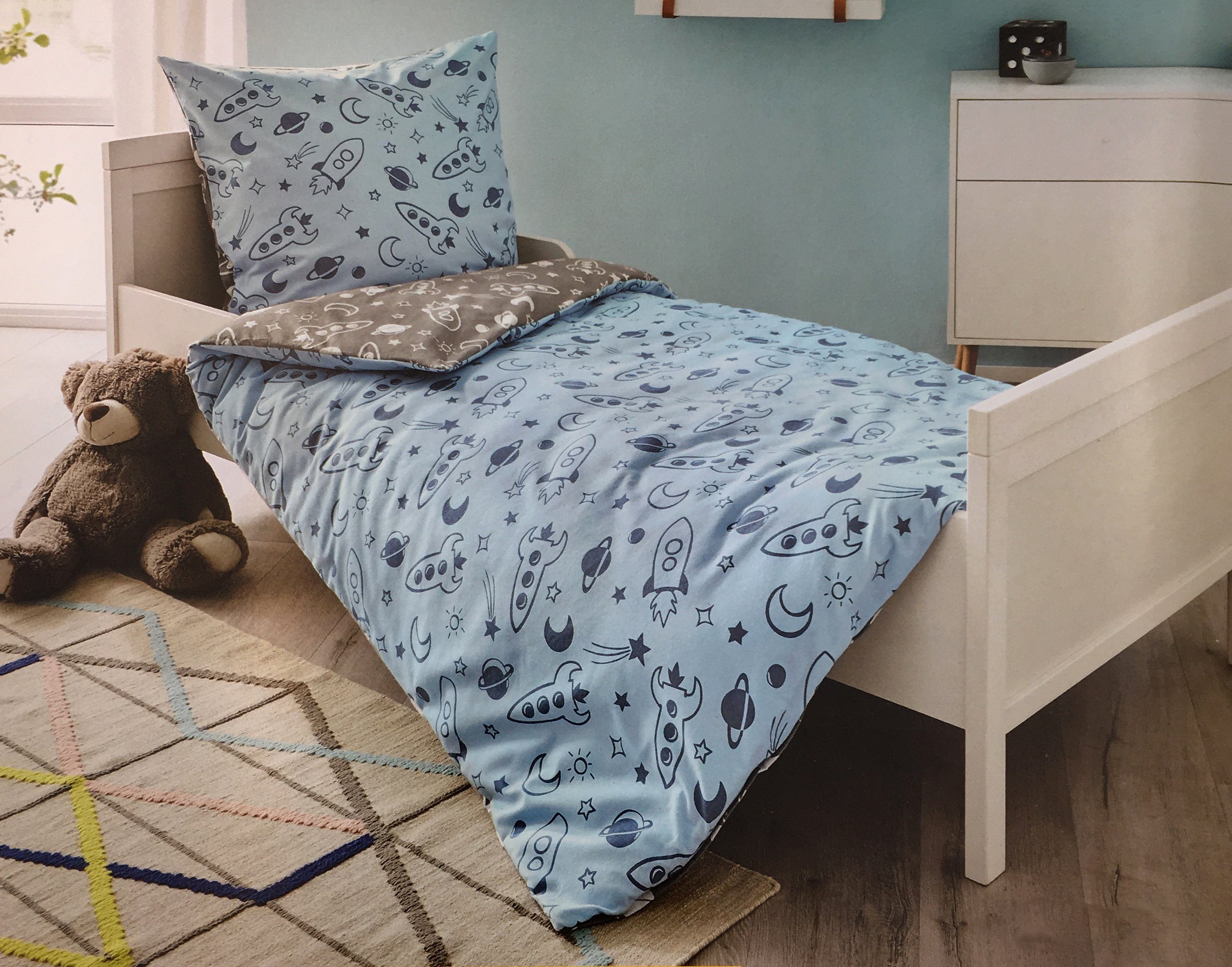 soma Kinderbettwäsche Biber 2tlg 135x200cm Universum Weltall Rakete Planeten blau, Baumwolle, 2 teilig, kinderbettwäsche 135x200 biber kinder bettwäsche für Kinder