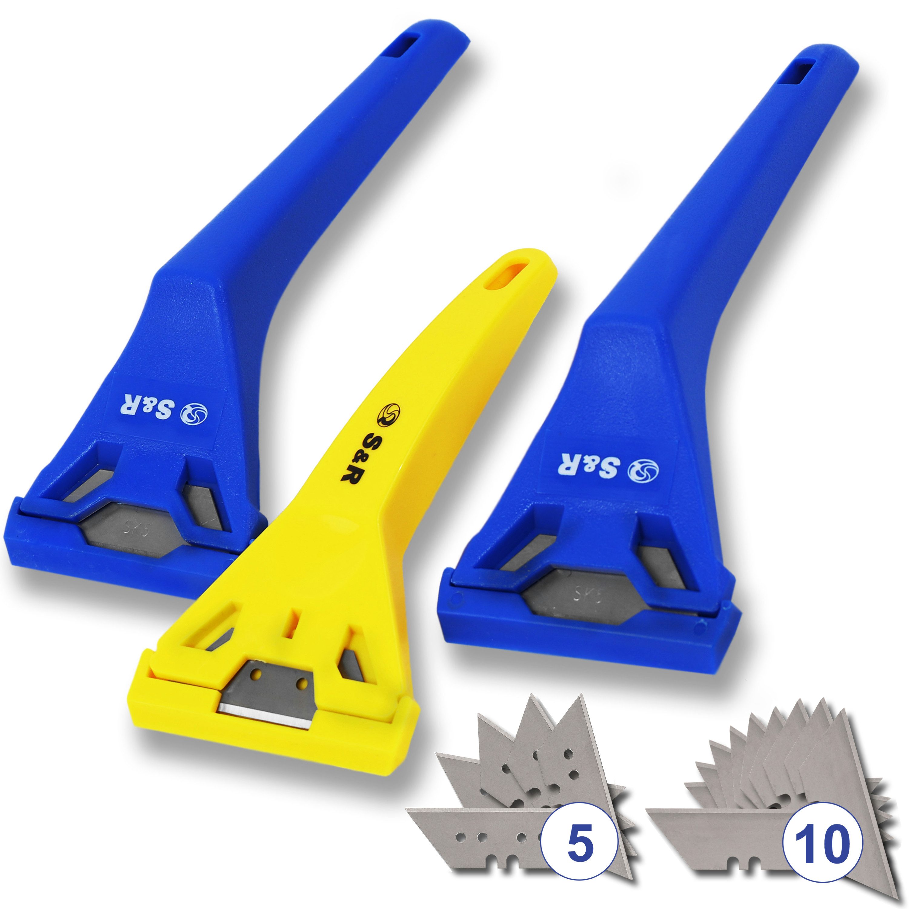 S&R Universalschaber Set, 3 Скребок mit 15 KLINGEN aus SK5 Stahl, für glatte Oberflächen wie Glasscheiben, Ceranfelder, Backöfen, oder als Tapetenlöser