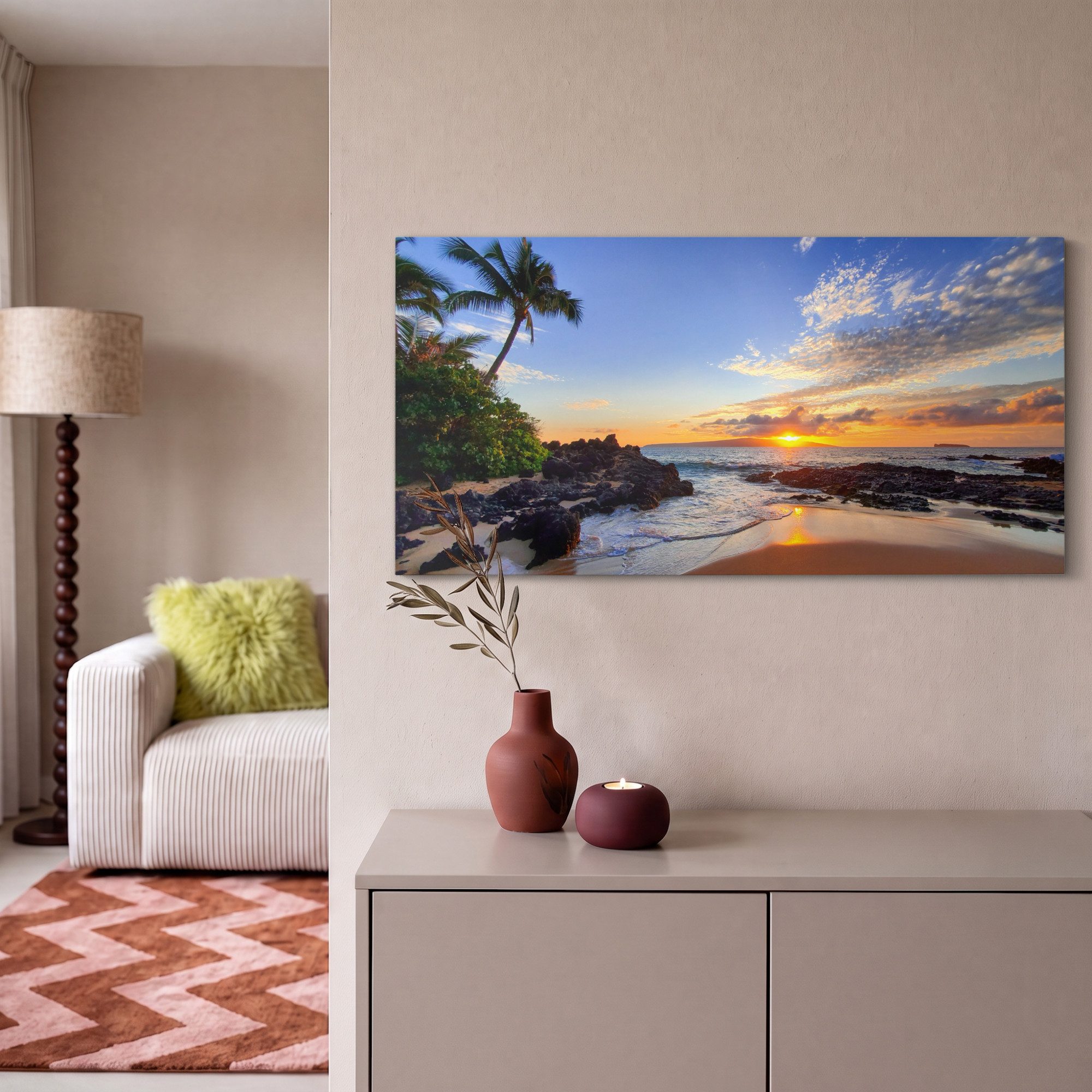 OneMillionCanvasses® Leinwandbild Panorama Strand - Meer - Sonnenuntergang - Hawaii, Fotodruck (1 St), Wandbild, Deko Schlafzimmer Wohnzimmer Flur 40x20 cm – Bild 2 von 5