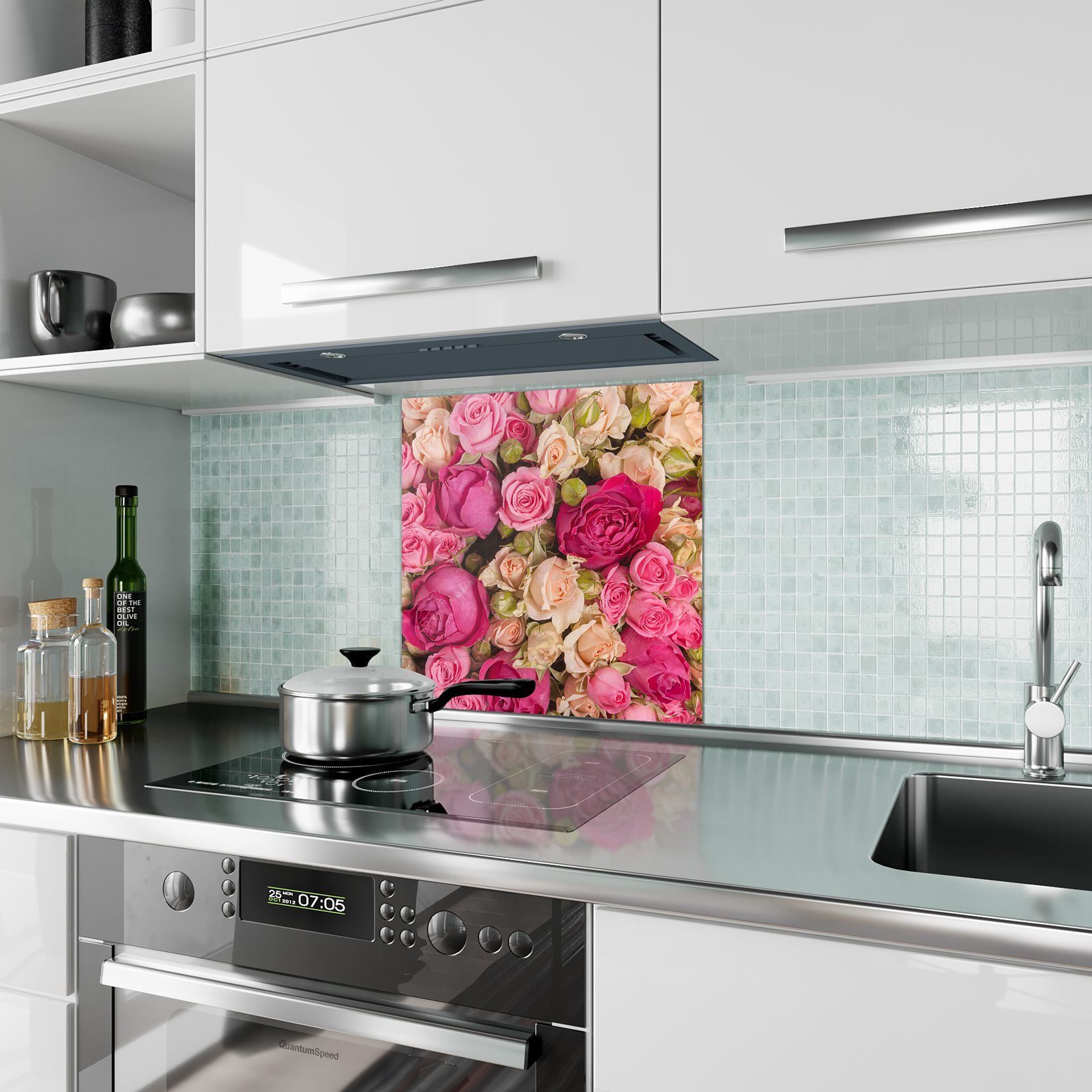 mit Motiv Küchenrückwand Küchenrückwand Spritzschutz Primedeco Rosenbusch Glas