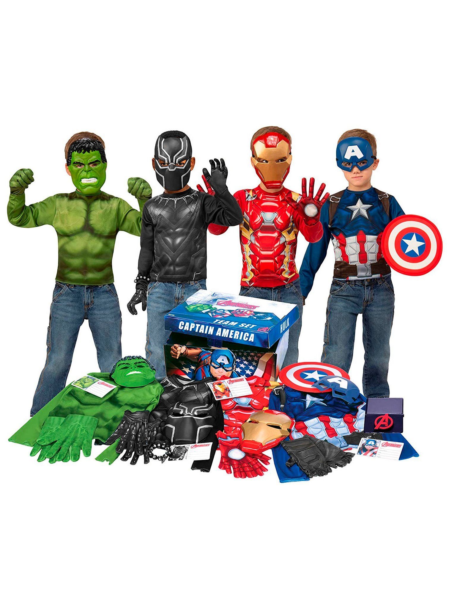 Rubie´s Kostüm Avengers - Kostümbox für Kinder, Große Verkleidungskiste zum  kleinen Preis: mit Black Panther, Hulk, Iron Man und Captain America