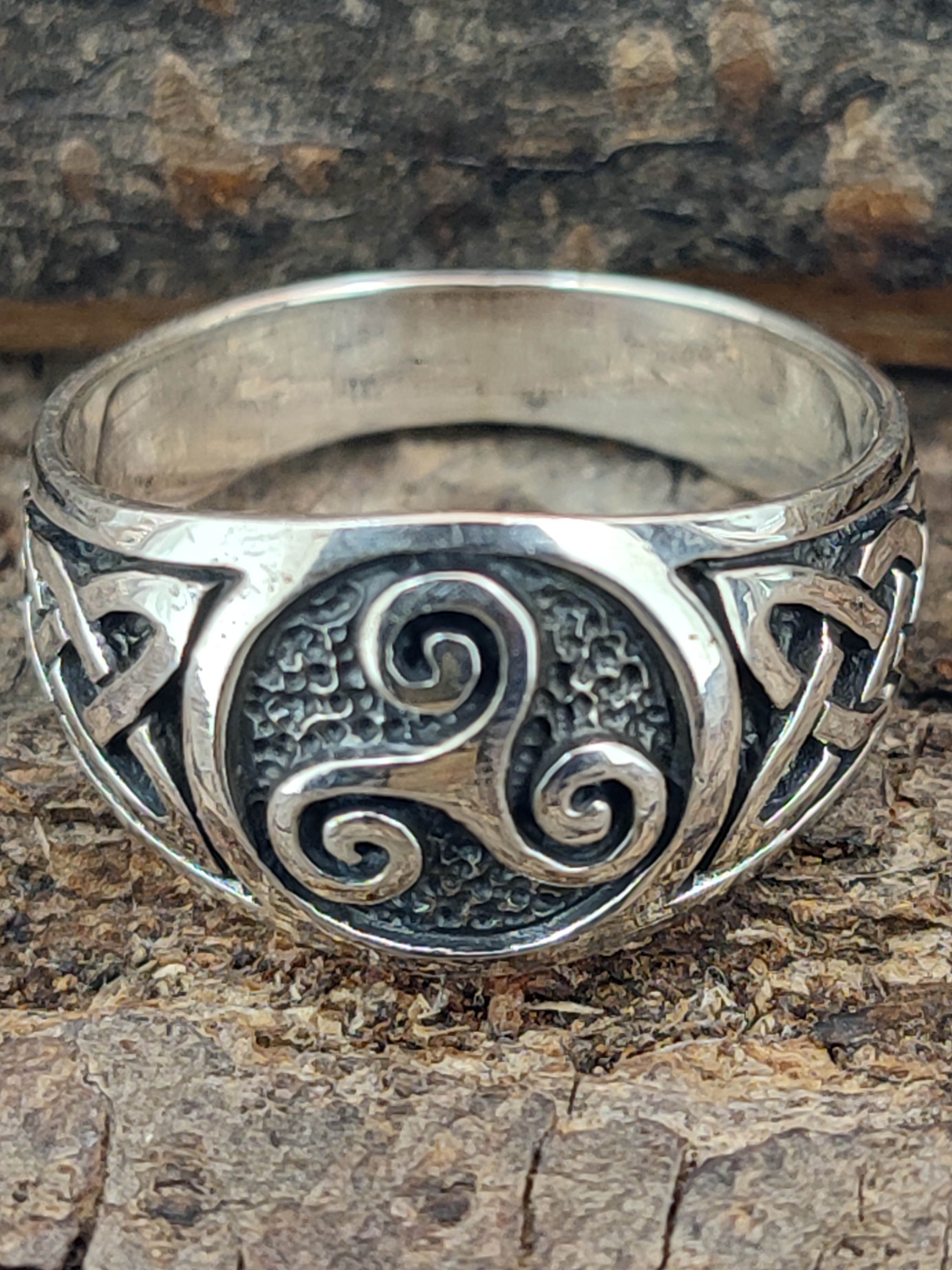 Gr. Leather of 925 Kiss Silberring keltische Fingerring Dreier Ring 52-74 Triskele Spirale