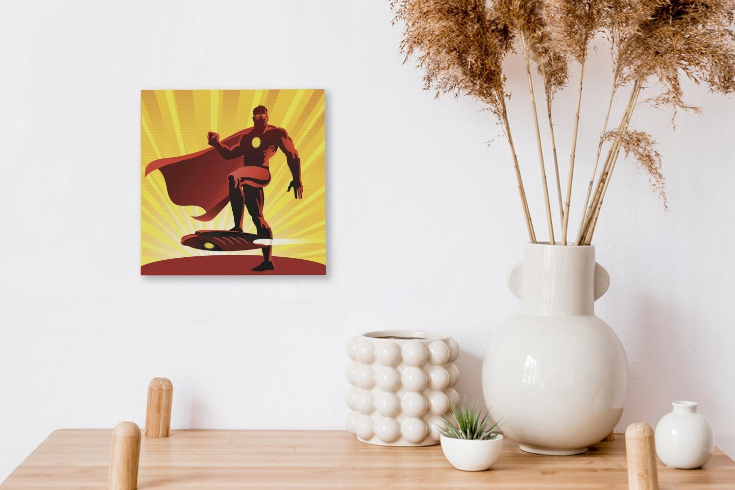 Schlafzimmer Bilder -, (1 St), Leinwandbild Superhelden Leinwand Eine Wohnzimmer eines roten Augen OneMillionCanvasses® - mit Jungen Junge für - Illustration