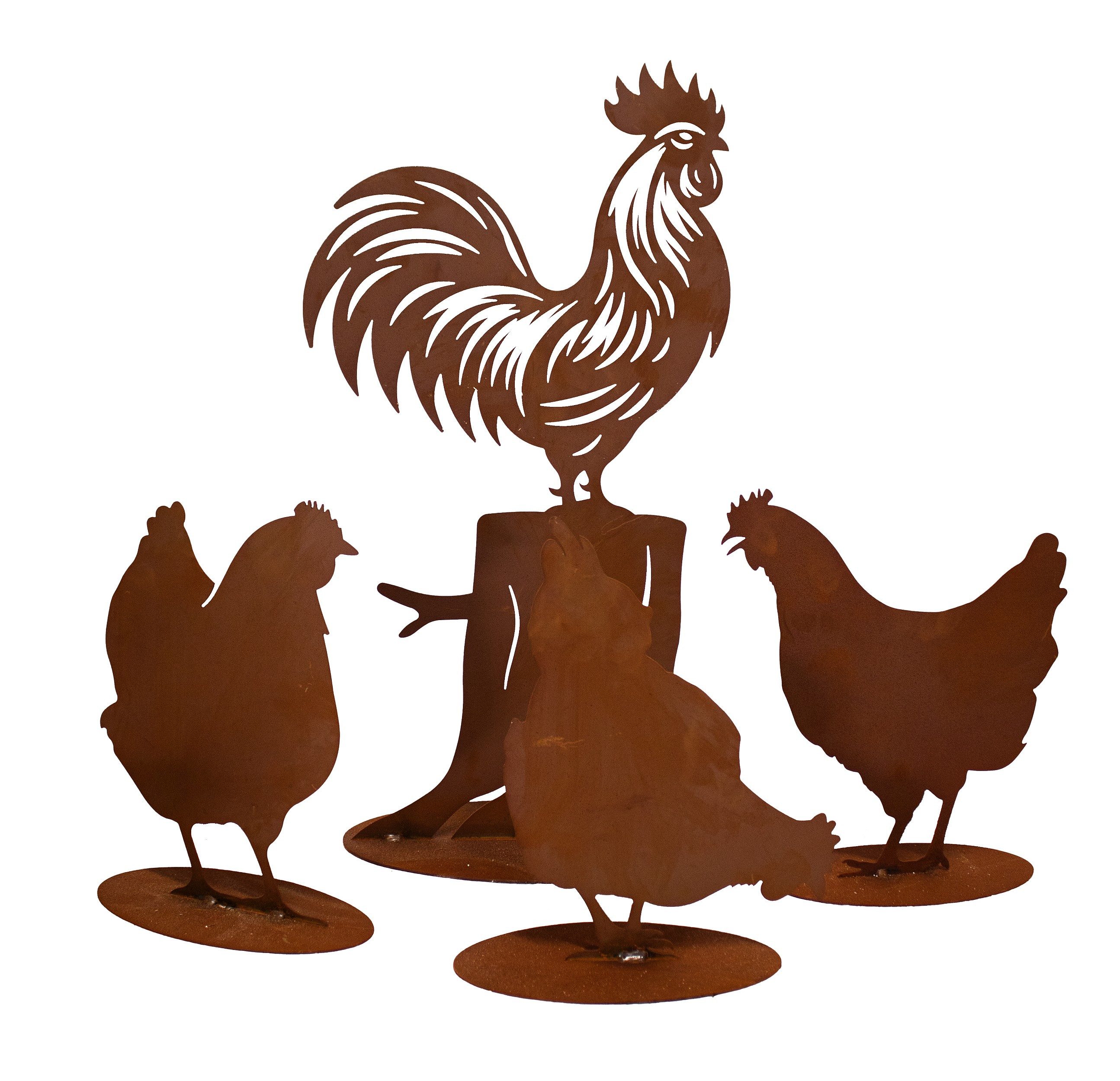 Ferrum Art Design Gartenfigur Edelrost Metall Rostoptik Gartendeko Figur Stecker Ferrum Hühnerleben, (Set bestehend aus Hahn und 3 Hennen)
