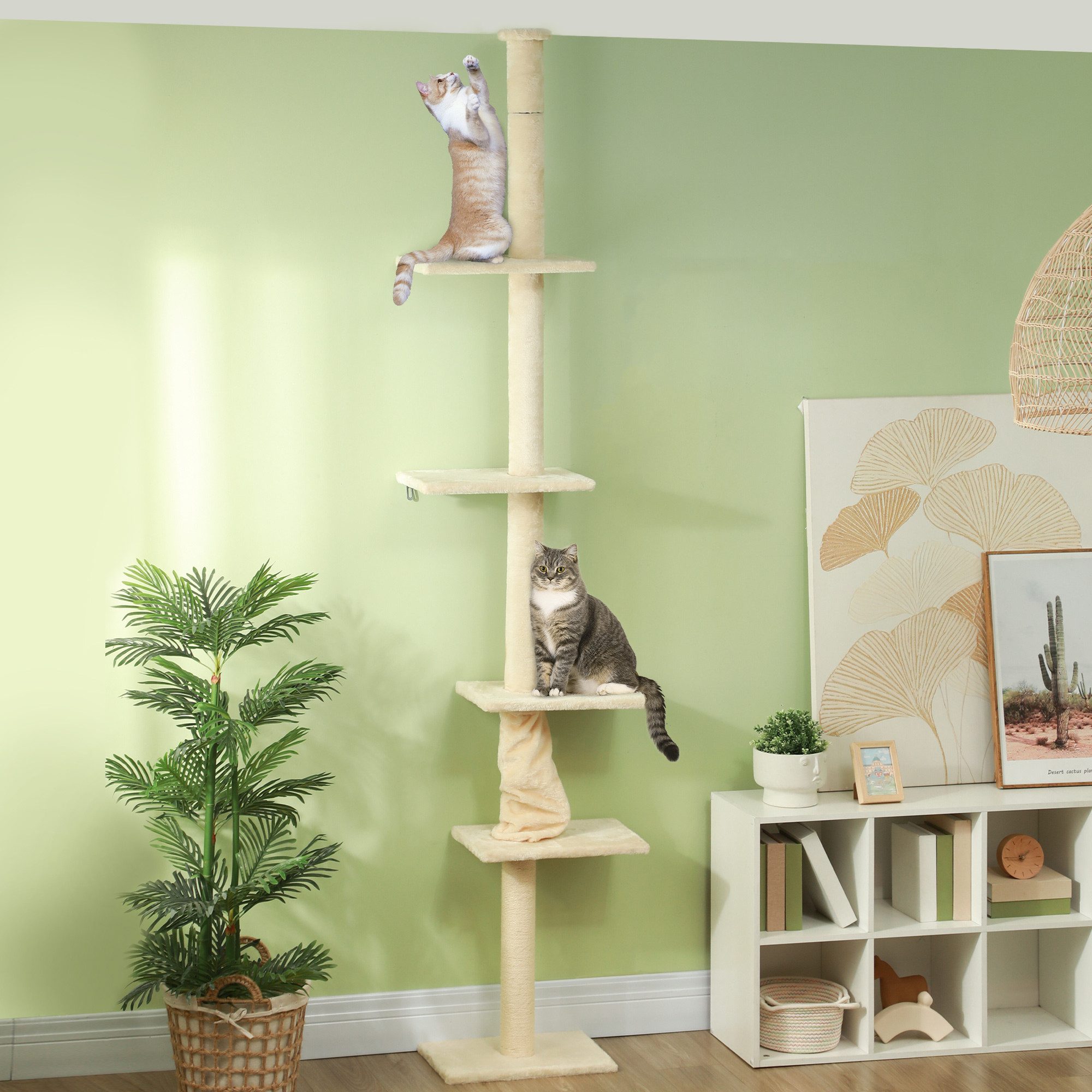 PawHut Kratzbaum Katzenbaum mit Kratzsäulen, Katzenturm für mittelgroße Katzen, mit Kippschutz, Cremeweiß