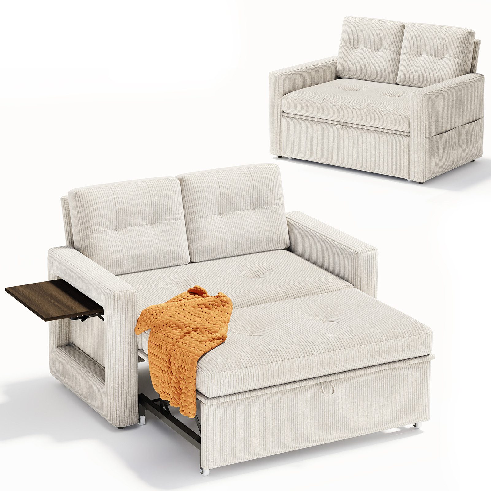 YOUDENOVA Sofa 3-in-1-Schlafsofa mit Auszieh- und Bettfunktion, 135x70x93cm, 1 Teile, mit Praktischer Ausstattung (Klapptisch & Seitentaschen)
