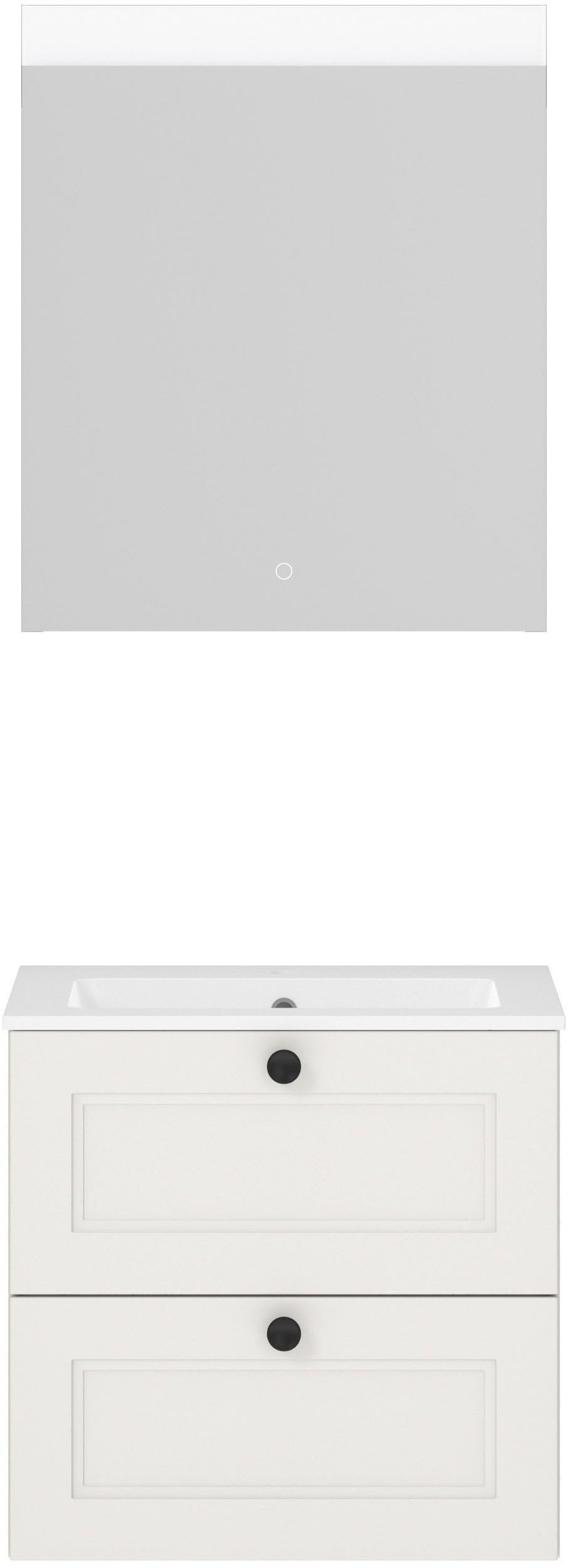 nobilia® Badmöbel-Set Cascada, (Set, 2-St., mit Waschbecken, inkl. beleuchtetem Spiegel mit Touch-Sensor), vormontiert, mit Soft-Close, in vier Breiten