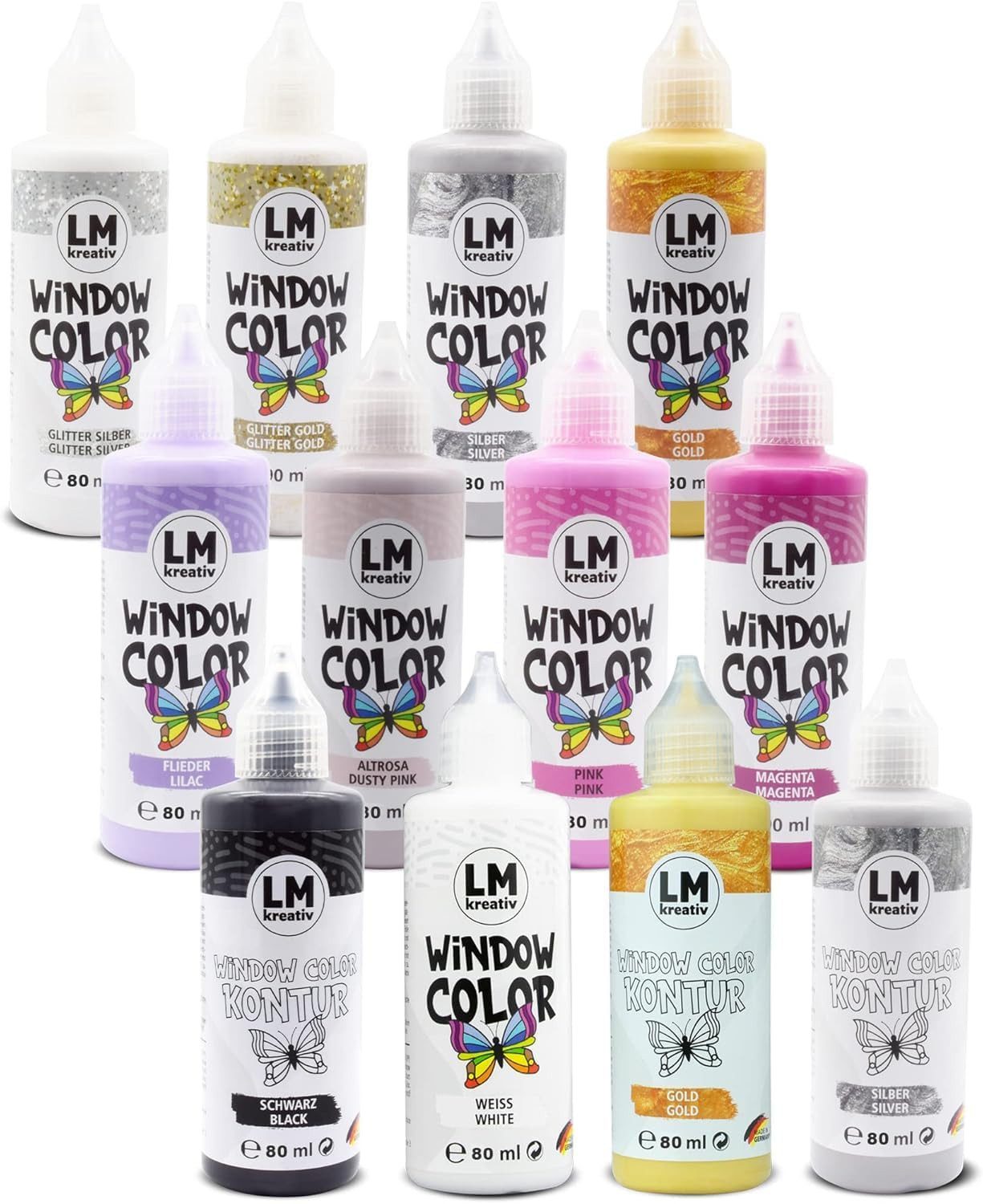 LM-Kreativ Bastelfarbe Window Color Set (12 x 80 ml Enjoy Einhorn Zauber inkl. Konturfarbe), XXL-Set, wiederablösbar, inkl. Konturen, Folien & Vorlagenheft