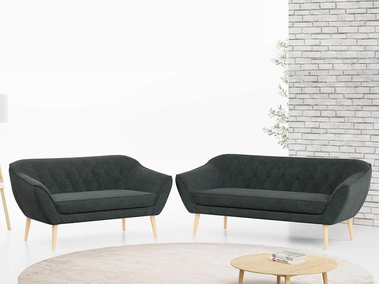MKS MÖBEL Sofa PIRS 3 2, Skandinavischer Stil, Gesteppte Polsterung, Moderne Sofa Set 3 + 2 Dunkelgrau Matana