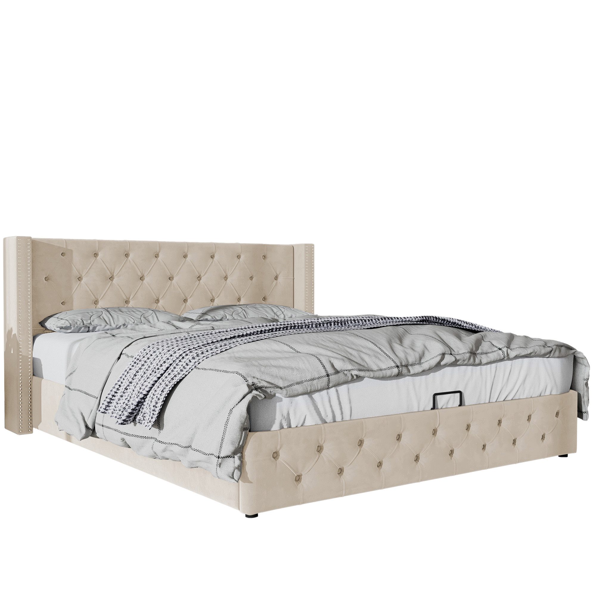 PHOEBE CAT Boxspringbett (Polsterbett, 140 x 200 cm Hydraulisches Funktionsbett), Doppelbett mit Bettkasten und Lattenrost, Samt, Gepolstertes Kopfteil