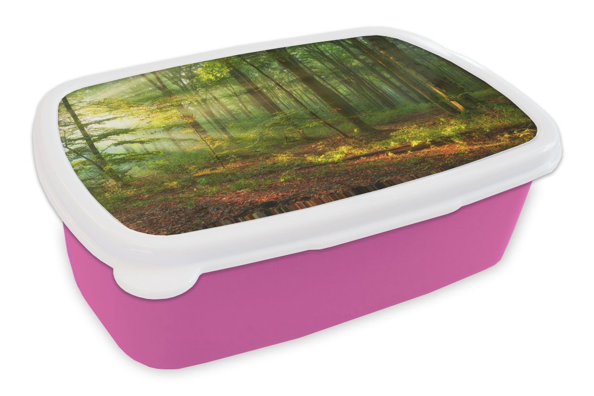 MuchoWow Lunchbox Sonne - Wald - Bäume - Natur - Herbst, Kunststoff, (2-tlg), Brotbox für Erwachsene, Brotdose Kinder, Snackbox, Mädchen, Kunststoff rosa