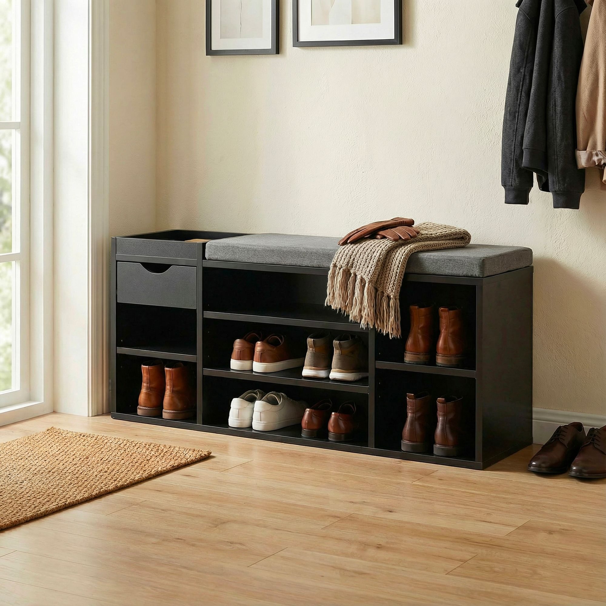 FINEBUY Schuhbank FB78604 Garderobenbank Schwarz 100cm Flurbank Sitzbank Schuhregal Flur (Ordnung und Sitzkomfort für deinen Eingangsbereich), Flexible Ablagen und Schublade clever kombiniert