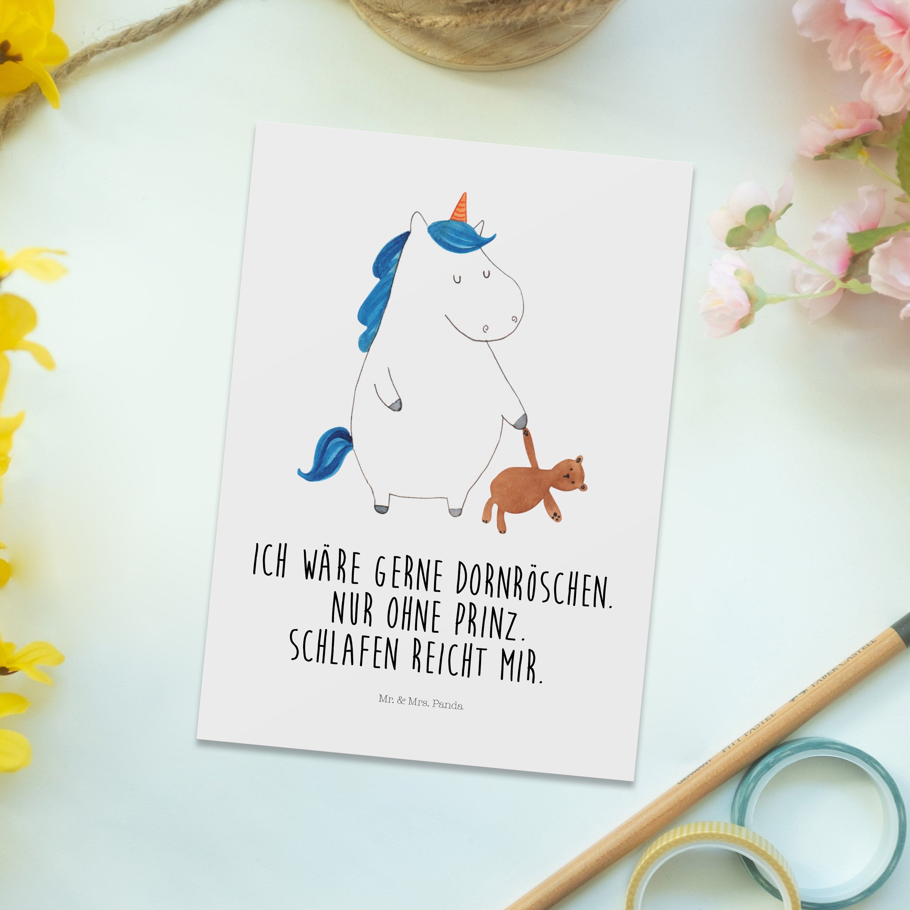 Mr. & Ansichtskarte, Postkarte Geschenk, Träumen Einhorn Teddy Einhorn - Mrs. Panda Deko, Weiß 