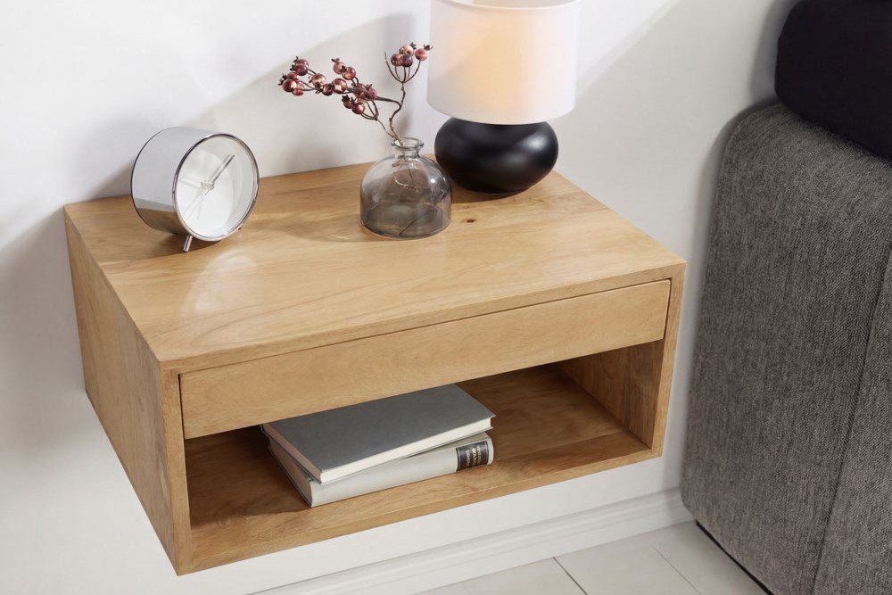 riess-ambiente Nachttisch PURE 50cm natur - Mangoholz, cream finish, Wandregal, Schublade, Fach (Einzelartikel, 1-St), Minimalistische Ablage mit Stauraum – ideal für Schlaf- & Gästezimmer