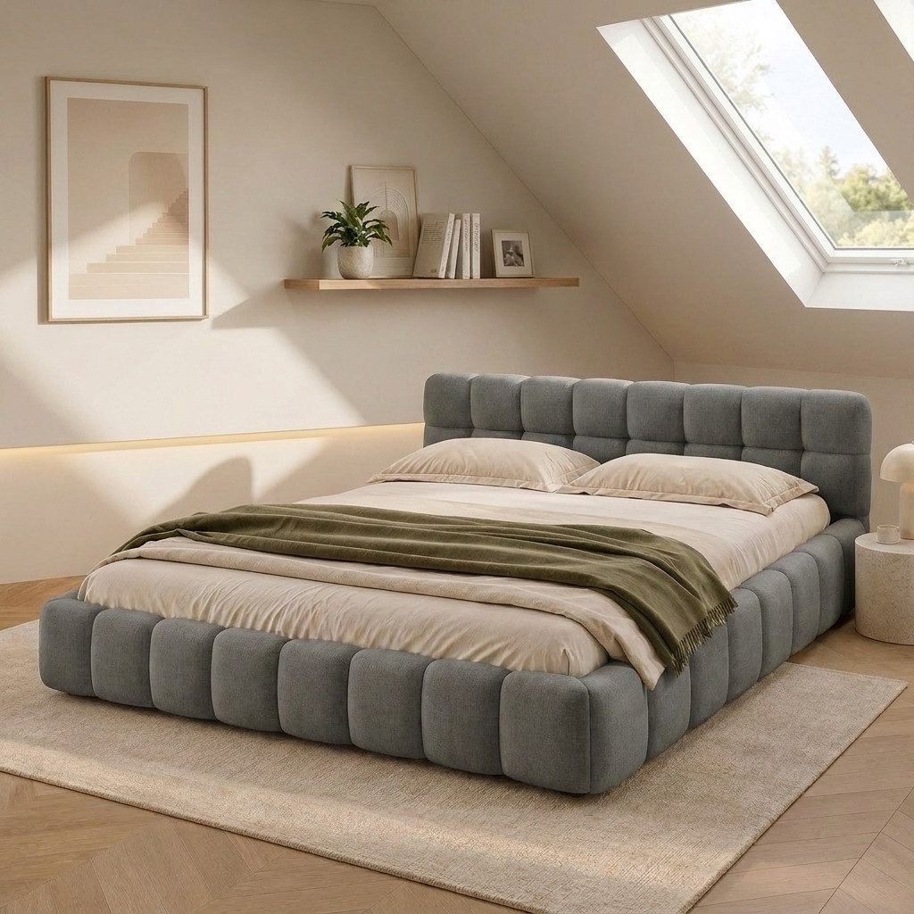 PXloue Polsterbett Doppelbett Jugendbett (ohne Matratze), (Futonbett), Mit Bettrahmen und Lattenrost, Leinen-Stoff, 160x200 cm