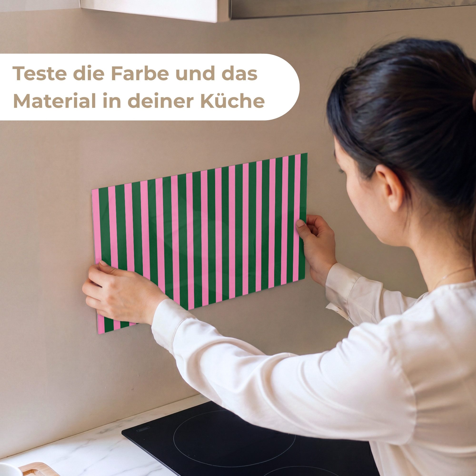 KitchenYeah Küchenrückwand Muster selbstklebend (keine Folie) Vertikale Streifen - Grün - Rosa, (1-tlg), Spritzschutz, Küche, Rückwand, Küchenwand, Küchenfront, 30x20 cm