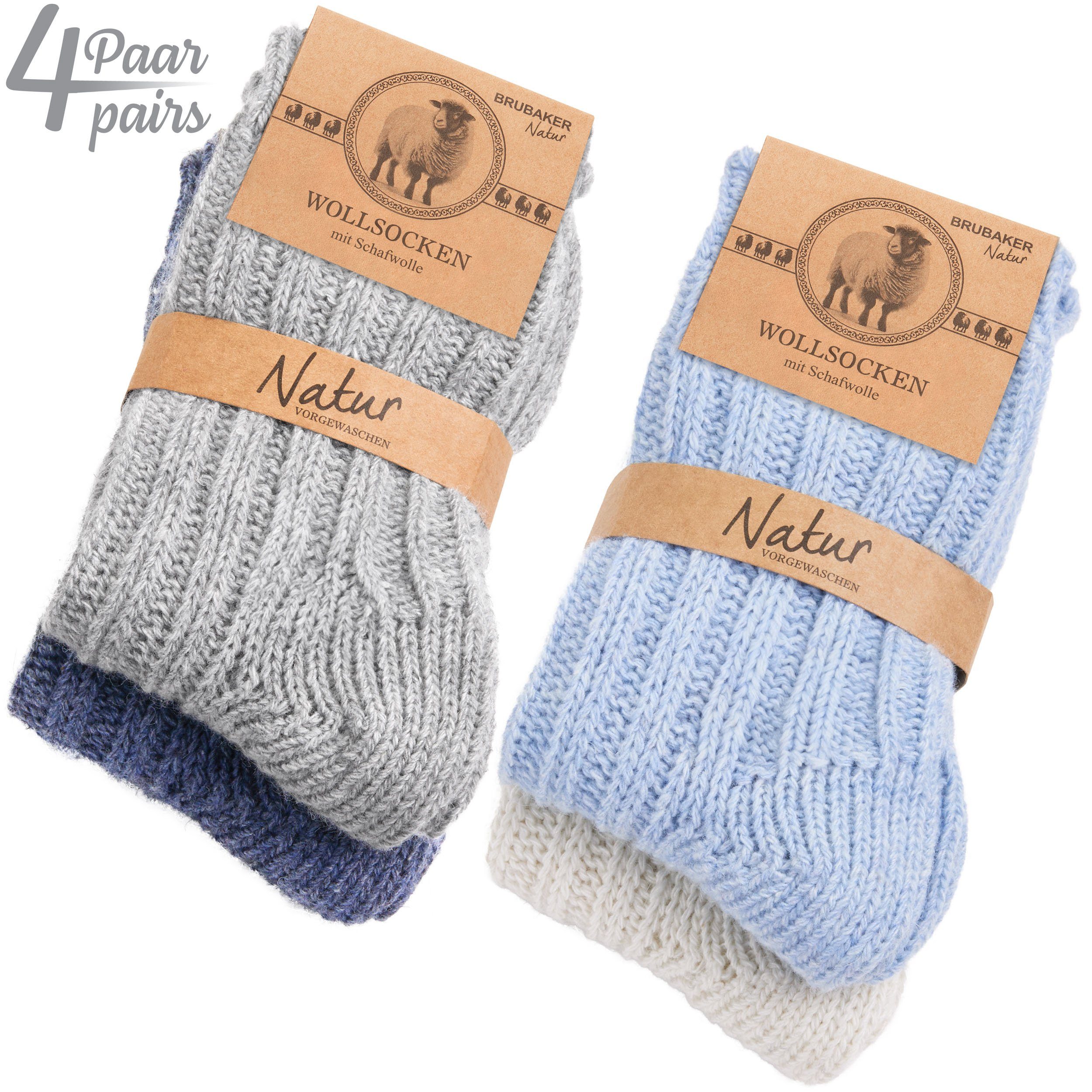 BRUBAKER Socken Kinder Wollsocken - Warme Wintersocken für Jungen und Mädchen (4-Paar, 4er-Pack) Flauschiges Socken Set mit Schafwolle - Winter Kindersocken