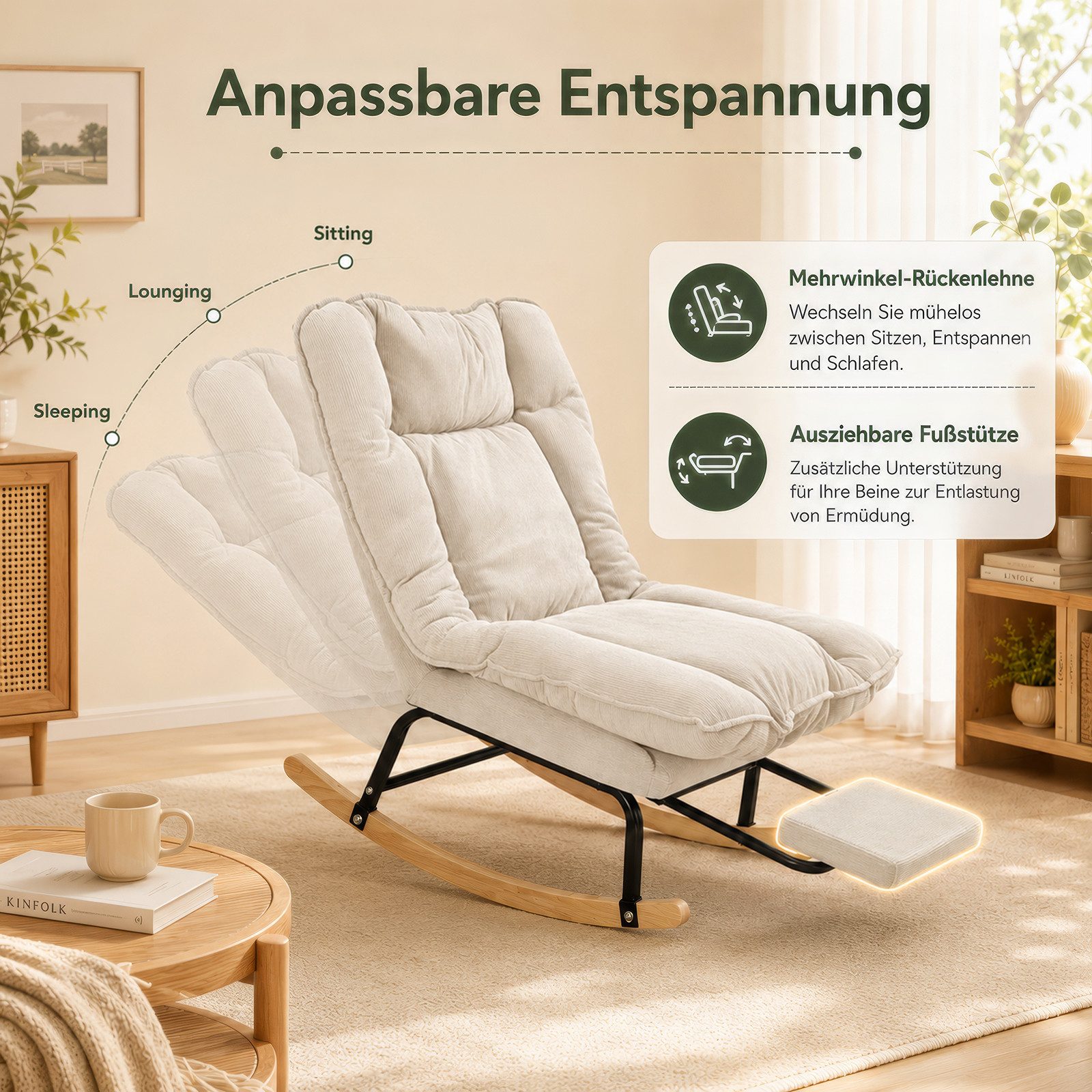 BlingBin Schaukelstuhl mit Fußstütze, verstellbar Rückenlehne, Schaukelsessel, Relaxsessel (Lesesessel, 1 St), Relaxstuhl, Gepolsterter sessel, Cord, bis 120 kg