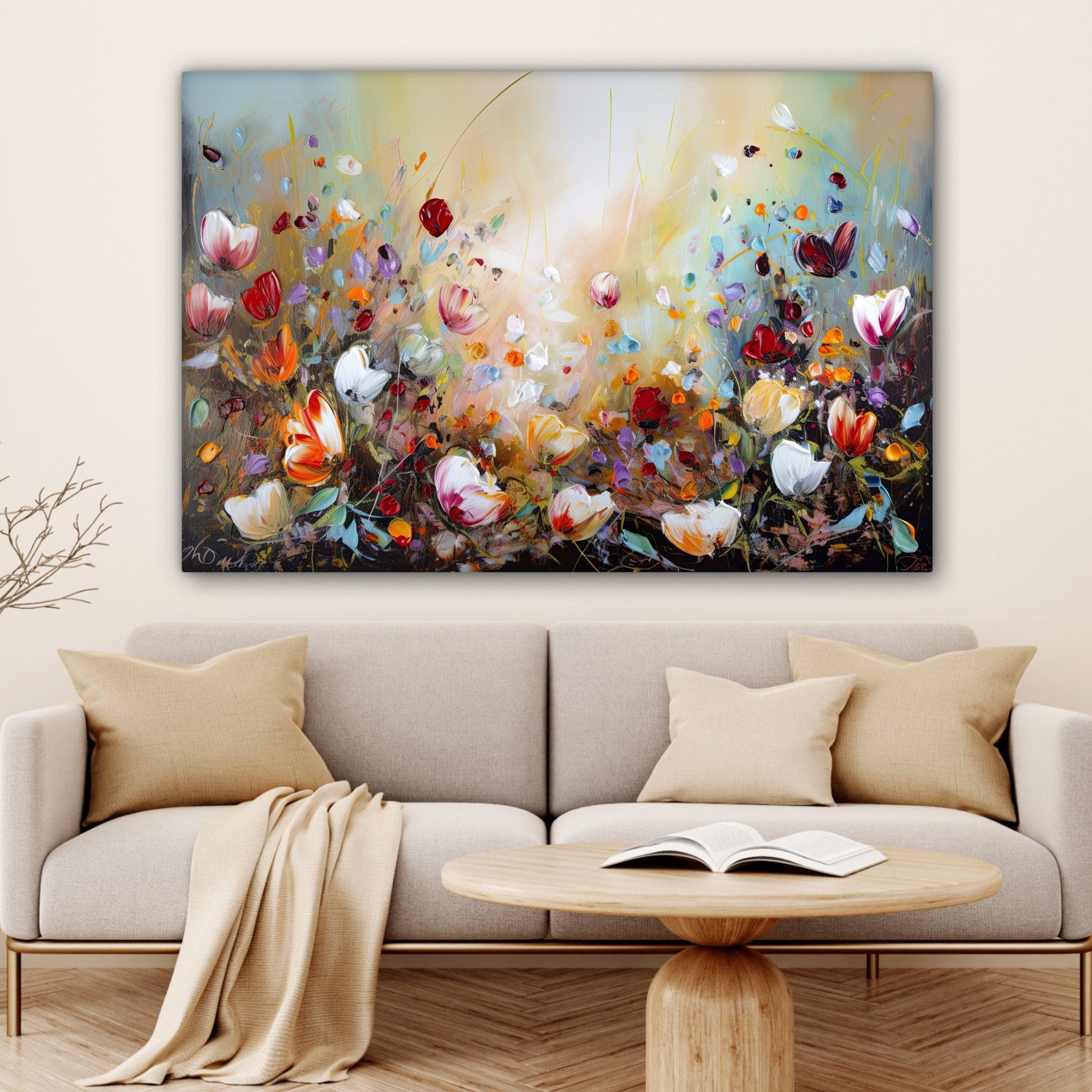 (1 Wohnbereiche, - Farbenfroh Natur, - cm Gemälde, 120x80 OneMillionCanvasses® Ölfarben Blumen St), XXL, Leinwandbild für alle - großes, Wandbild