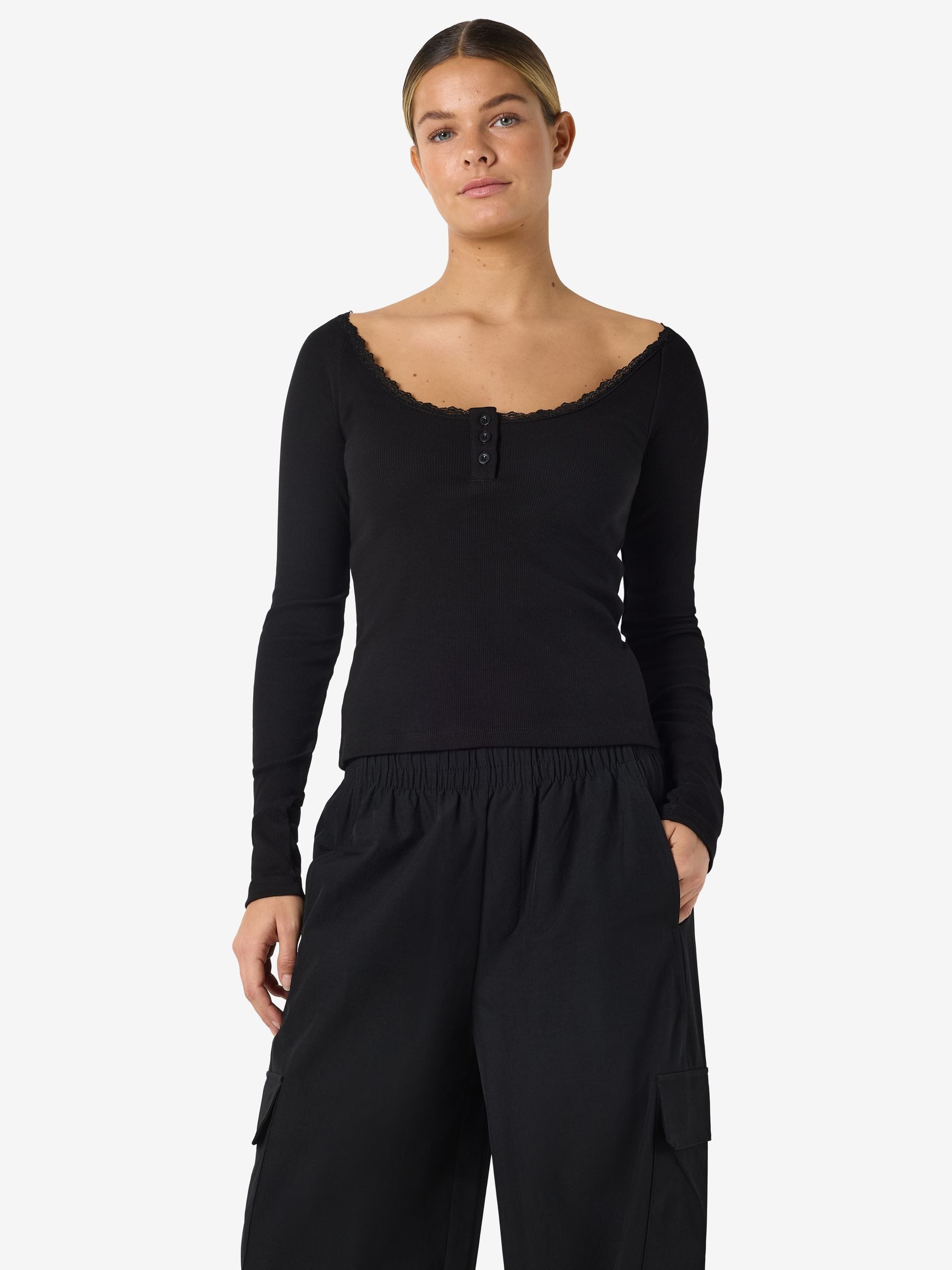 Noisy may T-Shirt Tiefer Rundhals Spitze Knopfleiste Rippstruktur Komfort (1-tlg) NMMAYA L/S LACE HENLEY TOP NOOS