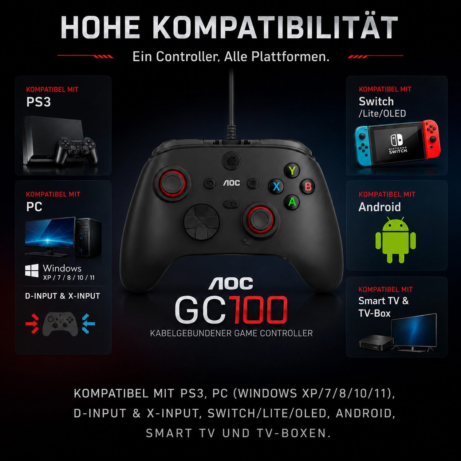 AOC GC100 Kompatibel mit PS3/PC (Windows XP/7/8/10/11) Gaming-Controller (Packung, für SWITCH/Lite/OLED und Android-Geräten,DINPUT- und XINPUT-Modi,TV)