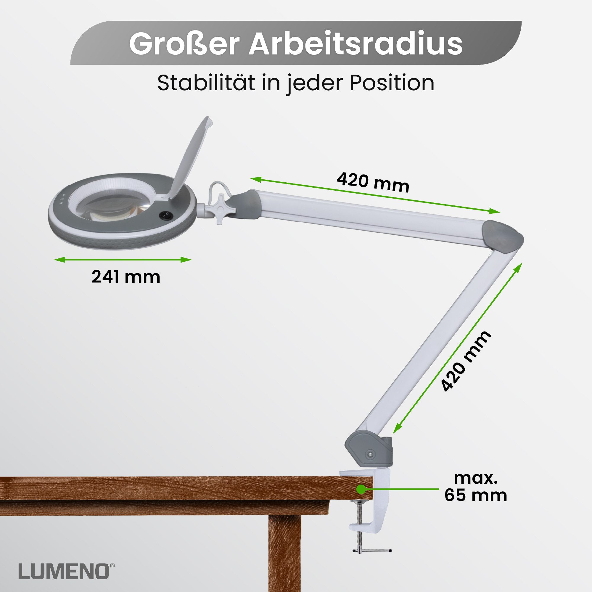 Lumeno Lupenlampe 821X LED dimmbare Lupenlampe mit kristallklarer 127mm Linse, LED fest integriert, Kaltweiß, 6500 K