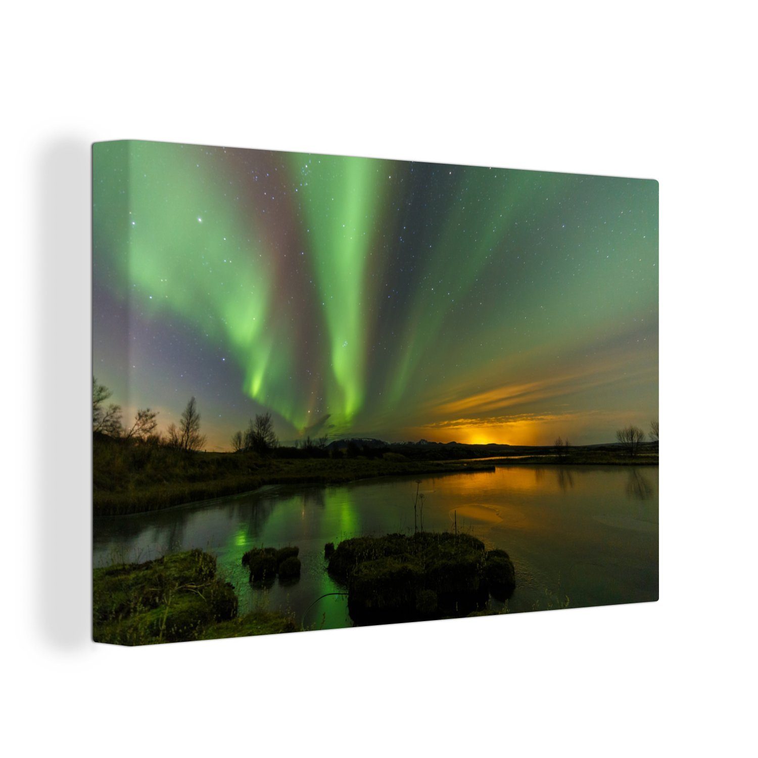 OneMillionCanvasses® Leinwandbild Das Nordlicht über dem Þingvellir-Nationalpark in Island, (1 St), Wandbild Leinwandbilder, Aufhängefertig, Wanddeko, 30x20 cm