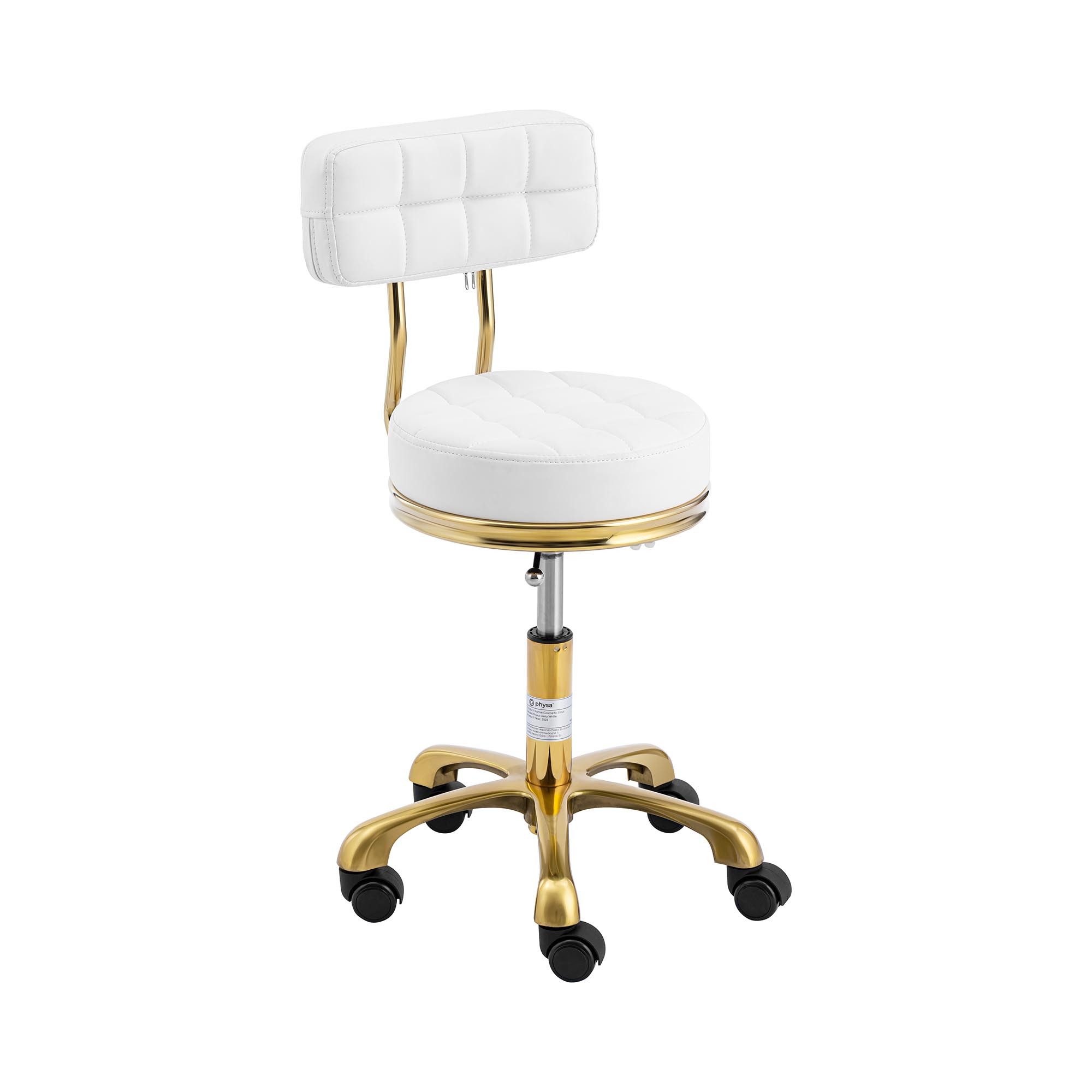 Physa Drehstuhl Rollhocker mit Lehne Friseurhocker Kosmetik 150 kg weiß & golden, Weiß
